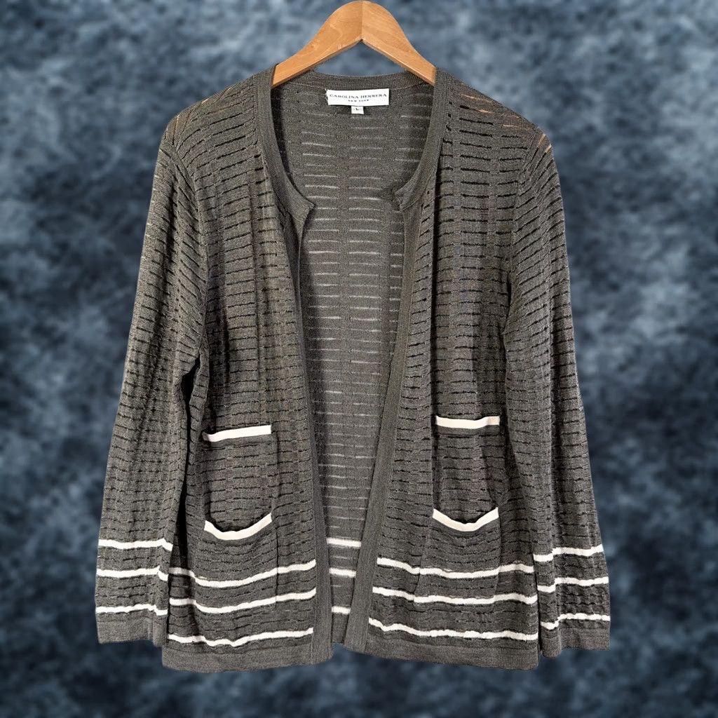 Carolina Herrera Carolina Herrera Cardigan Sweater Womens Large Gray Silk Cashmere Open Knit Crew Neck Long Sleeve Pockets Lightweight Size L / US 10 / IT 46 - 1 Thumbnail
