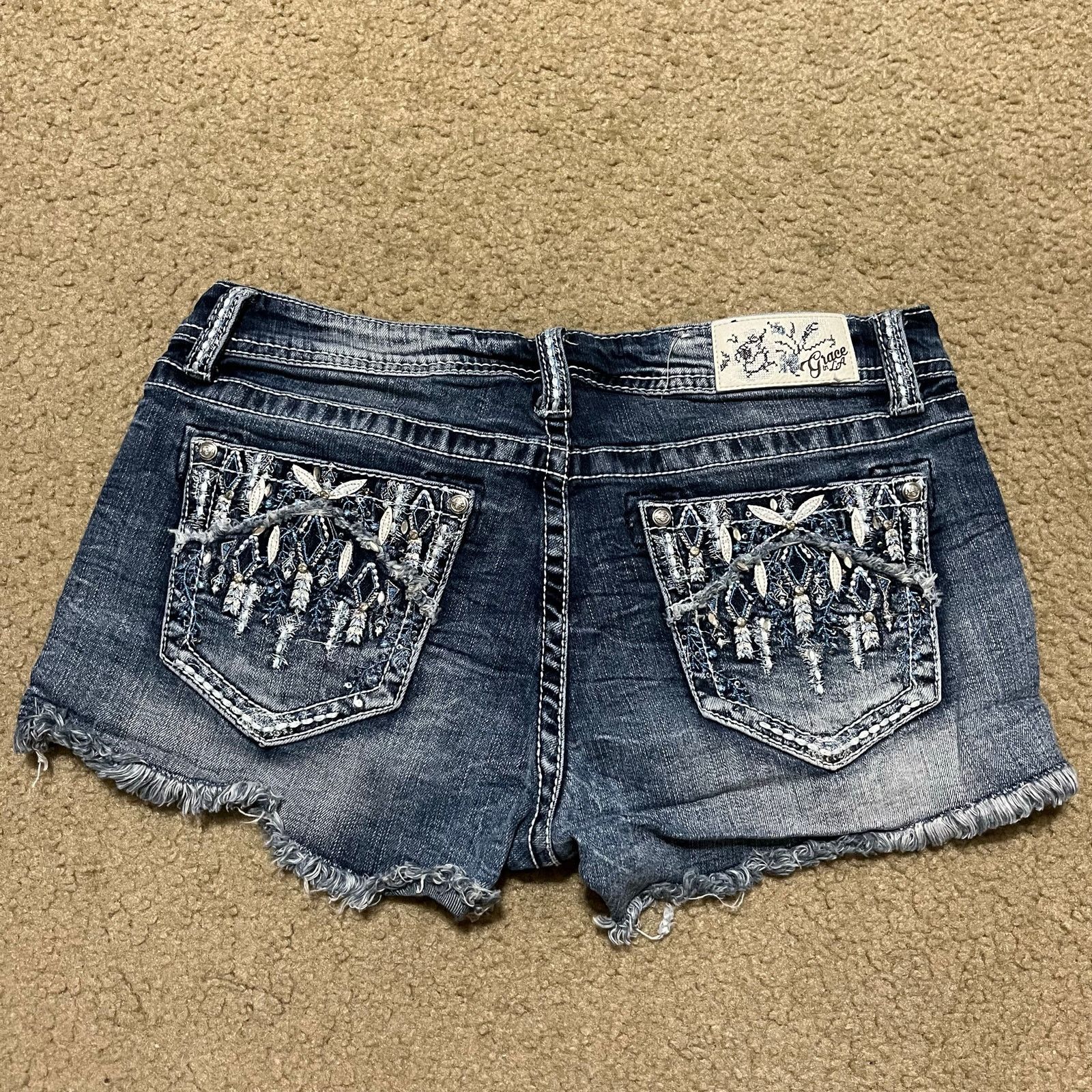 Grace in LA Y2K Grace Embroidered Distressed Dark Jean Booty Shorts 30W Size 30" / US 8 / IT 44 - 1 Thumbnail
