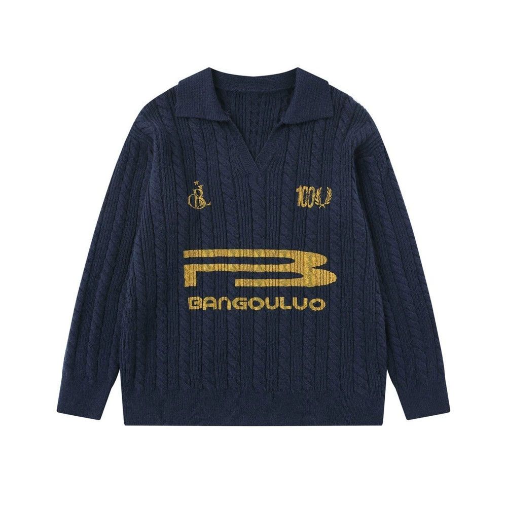 Men's loose casual letter print lapel sweater