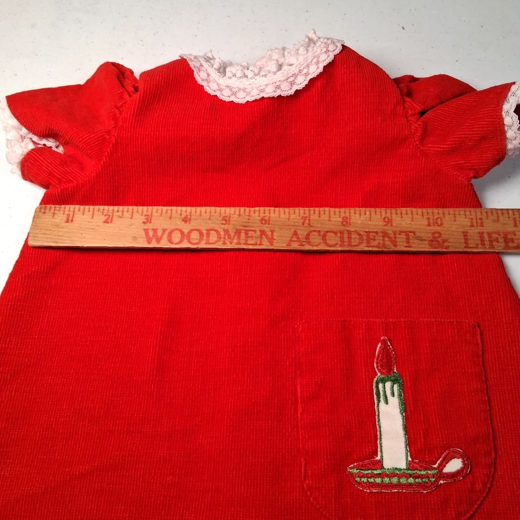 Vintage VINTAGE Handmade Christmas Dress Red Corduroy Lace Trim Candlestick Holiday Girls Size ONE SIZE - 3 Thumbnail