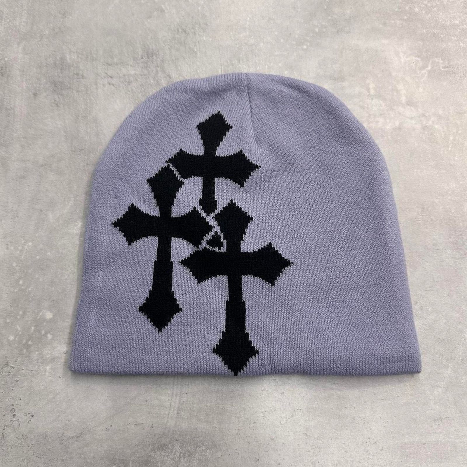 Vintage Grey and Black Crosses Acrylic Graphic Beanie Hat Size ONE SIZE - 1 Thumbnail