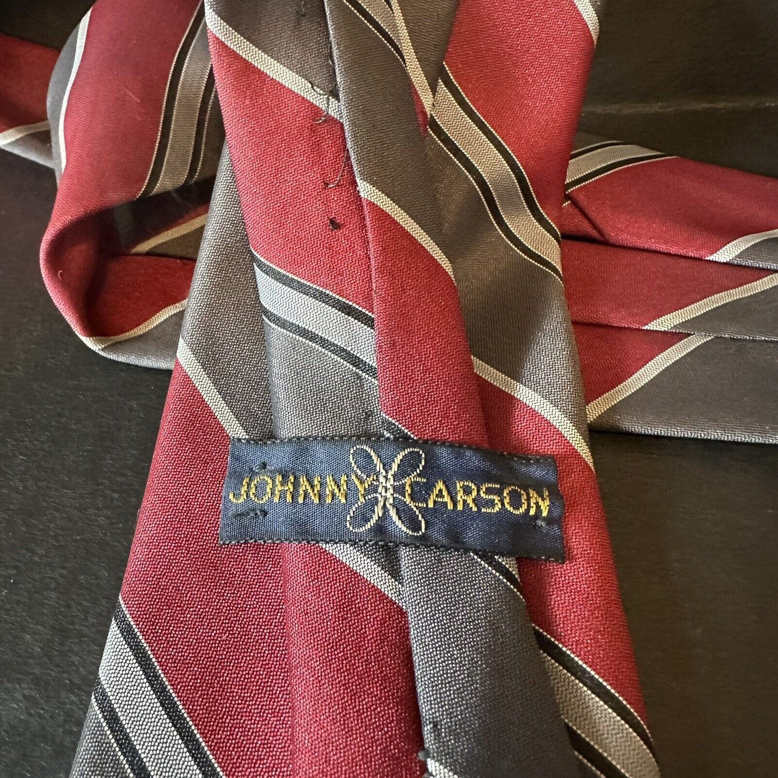 Other Johnny Carson Neck Tie Polyester Red/Grey/Black Striped VTG Size ONE SIZE - 4 Thumbnail