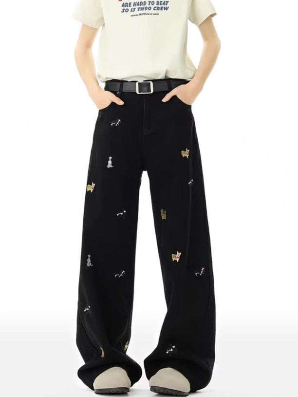 Japanese Brand Men's washed distressed wide-leg puppy embroidered jeans Size US 32 / EU 48 - 1 Thumbnail
