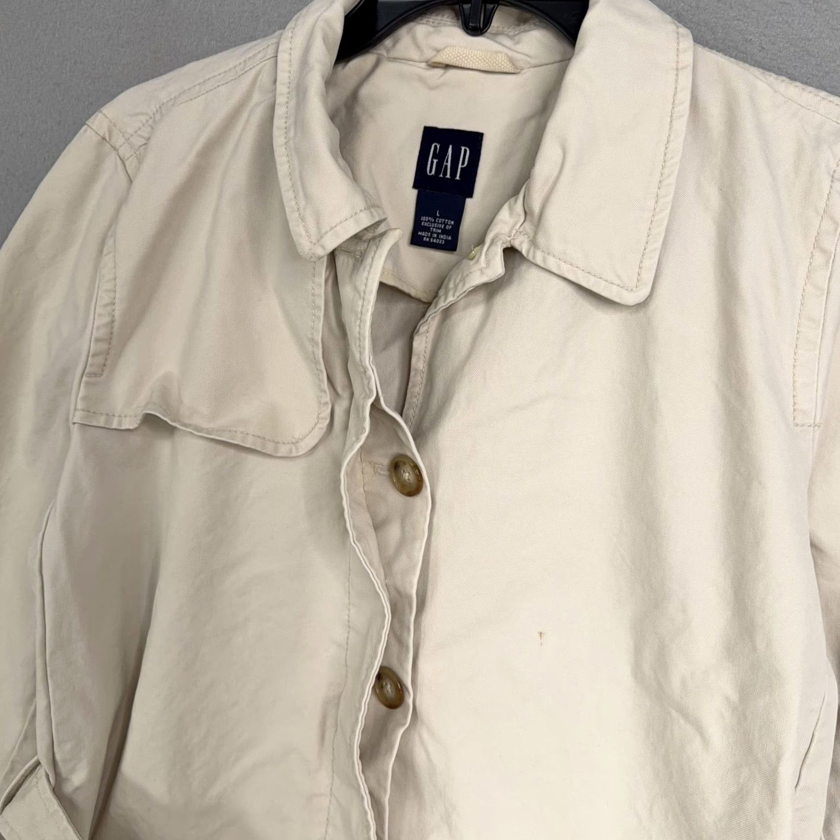 Gap Gap Trench Coat Womens Large White Cotton Mid Length Belted Button Front Pockets 100% Cotton Canvas Seasonal Fall Spring Mens Womens Size L / US 10 / IT 46 - 6 Thumbnail