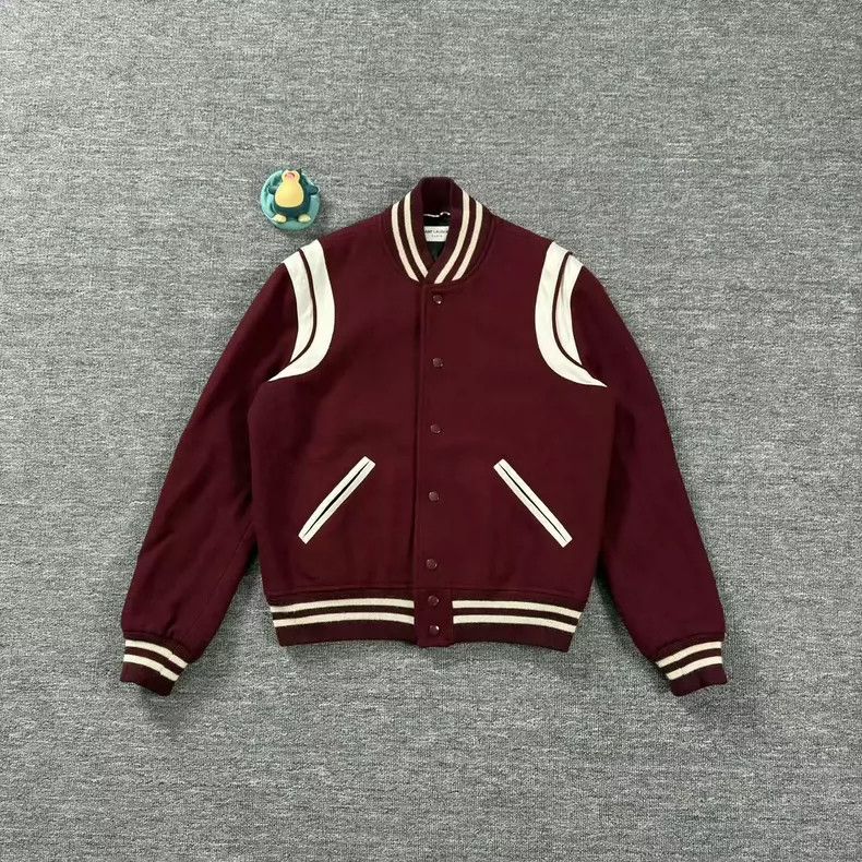 Saint Laurent Paris SLP Striped Burgundy Baseball Jacket Size US M / EU 48-50 / 2 - 1 Thumbnail