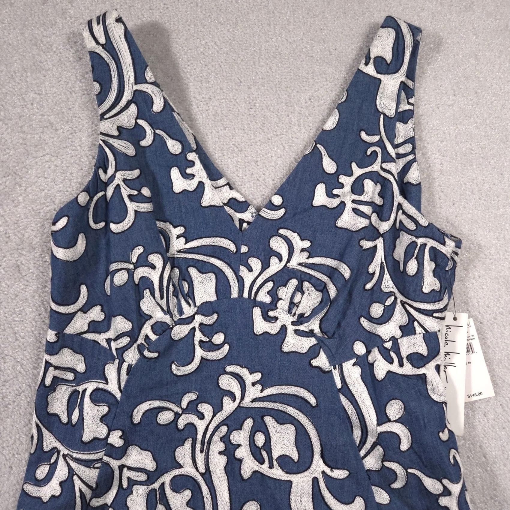 Nicole Miller Nicole Miller Dress Womens 10 Blue White Embroidered Fit & Flare Sleeveless V Neck Dress Size L / US 10 / IT 46 - 3 Thumbnail
