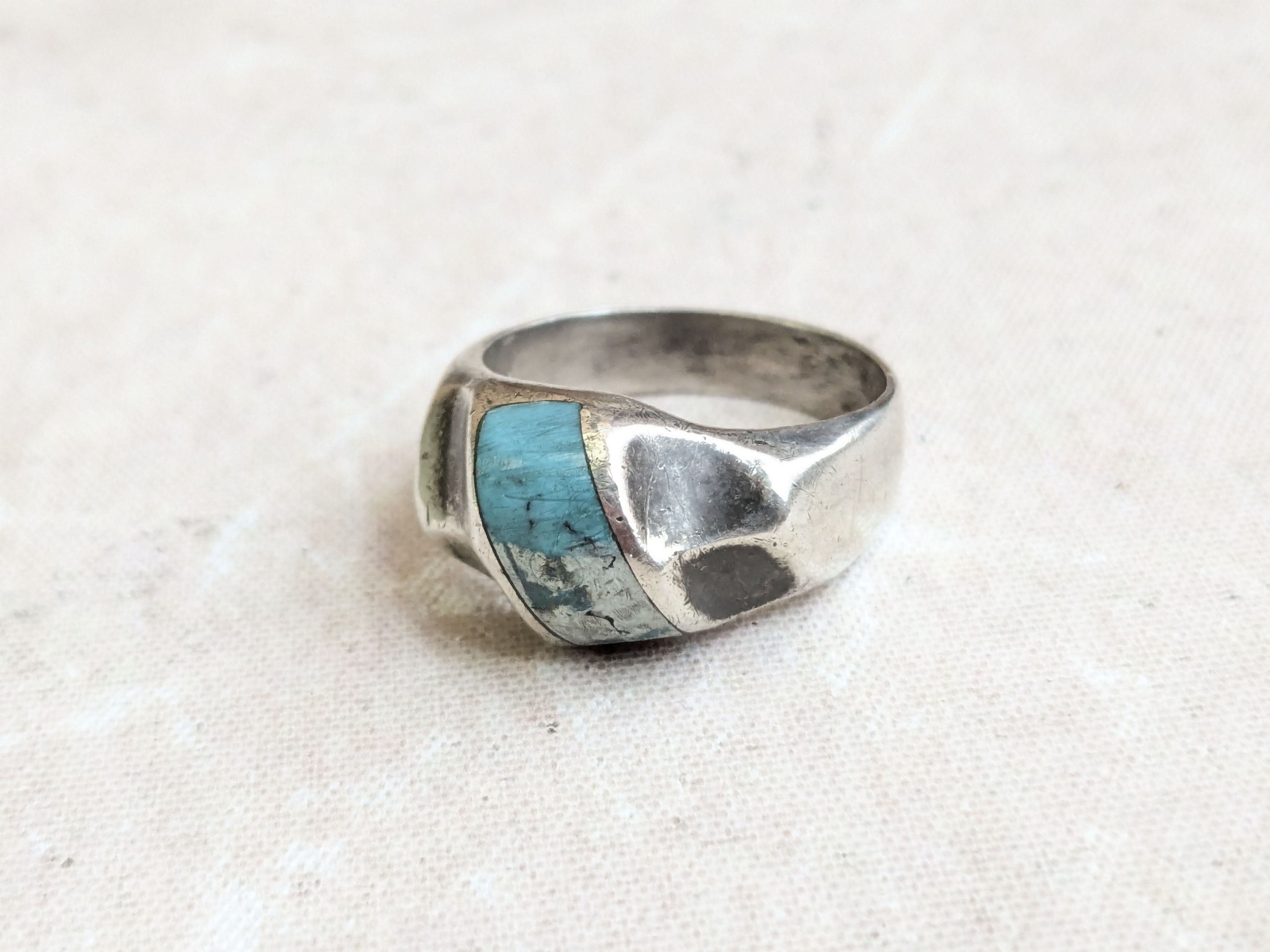 Sterling Silver Vintage Sterling Silver Ring Turquoise Taxco Inlay 12 Size ONE SIZE - 4 Thumbnail