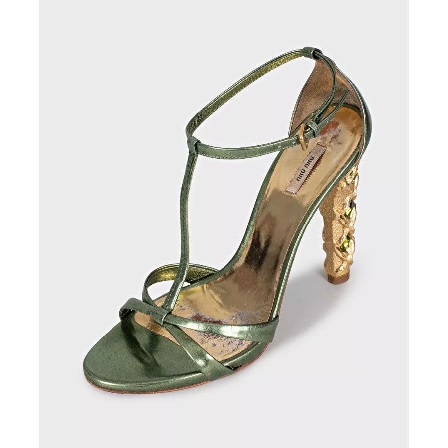 Miu Miu Miu Miu Green Leather Crystal Block Heel Sandals Sz 37.5 Size US 7.5 / IT 37.5 - 3 Thumbnail