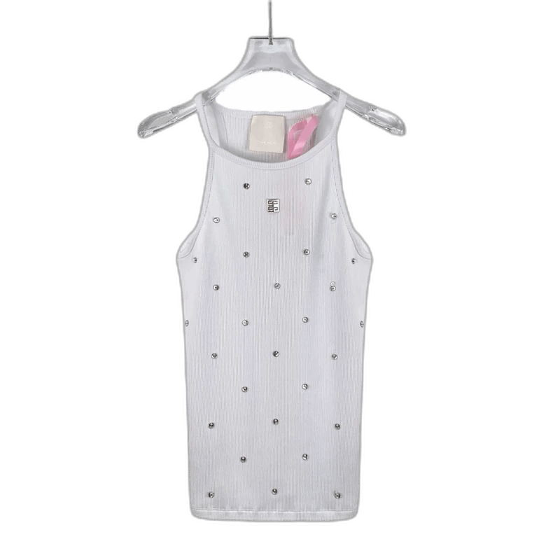 Givenchy White Sleeveless Knit Top with Rhinestones