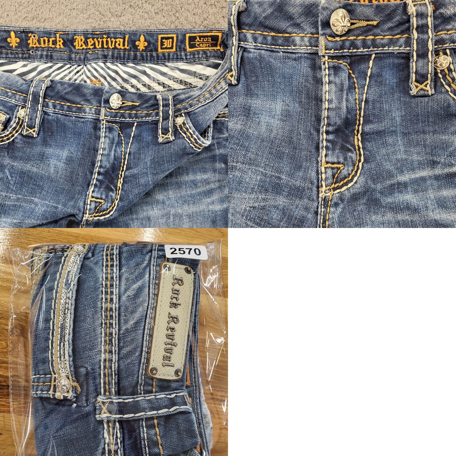 Vintage Rock Revival Capri Womens 31 Denim Embroidered Bedazzled Aroa Capris 5-Pocket Buckle Bke Jeans Blue Short/Medium Sized Womens Size ONE SIZE - 10 Thumbnail