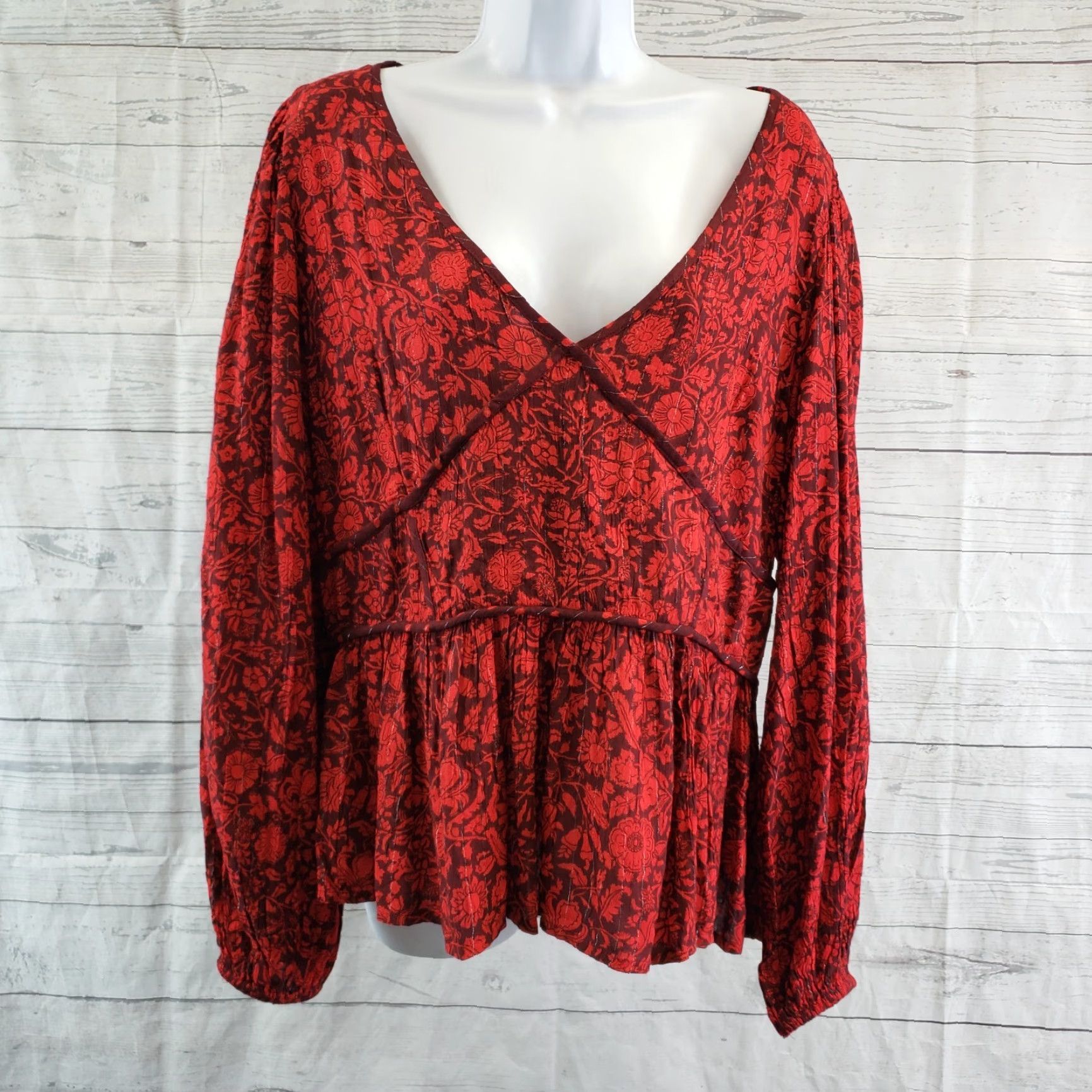 Vintage Knox Rose Womens Top XL Red Floral Long Sleeve V-Neck Rayon Blouse Size XL / US 12-14 / IT 48-50 - 2 Thumbnail