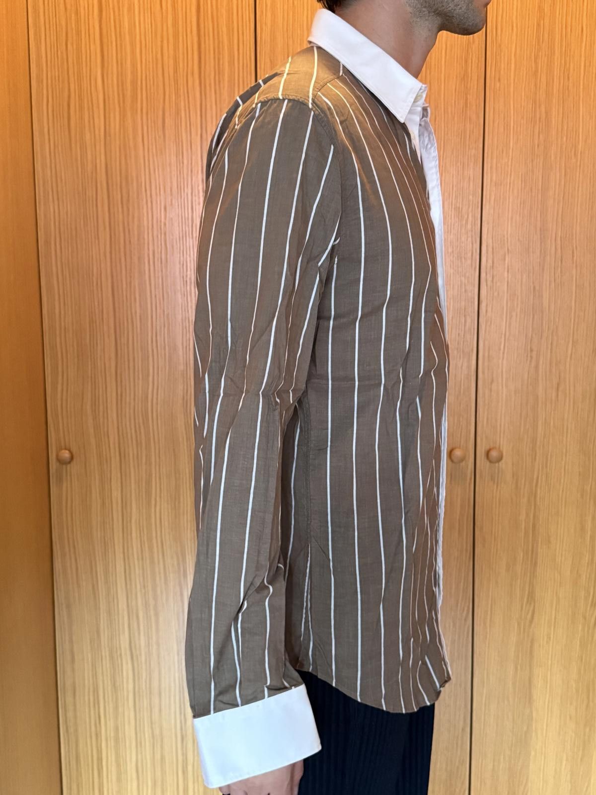 D.Gnak By Kang.D D&G Men's Brown and White Striped Slim Fit Dress Shirt Size US M / EU 48-50 / 2 - 4 Thumbnail