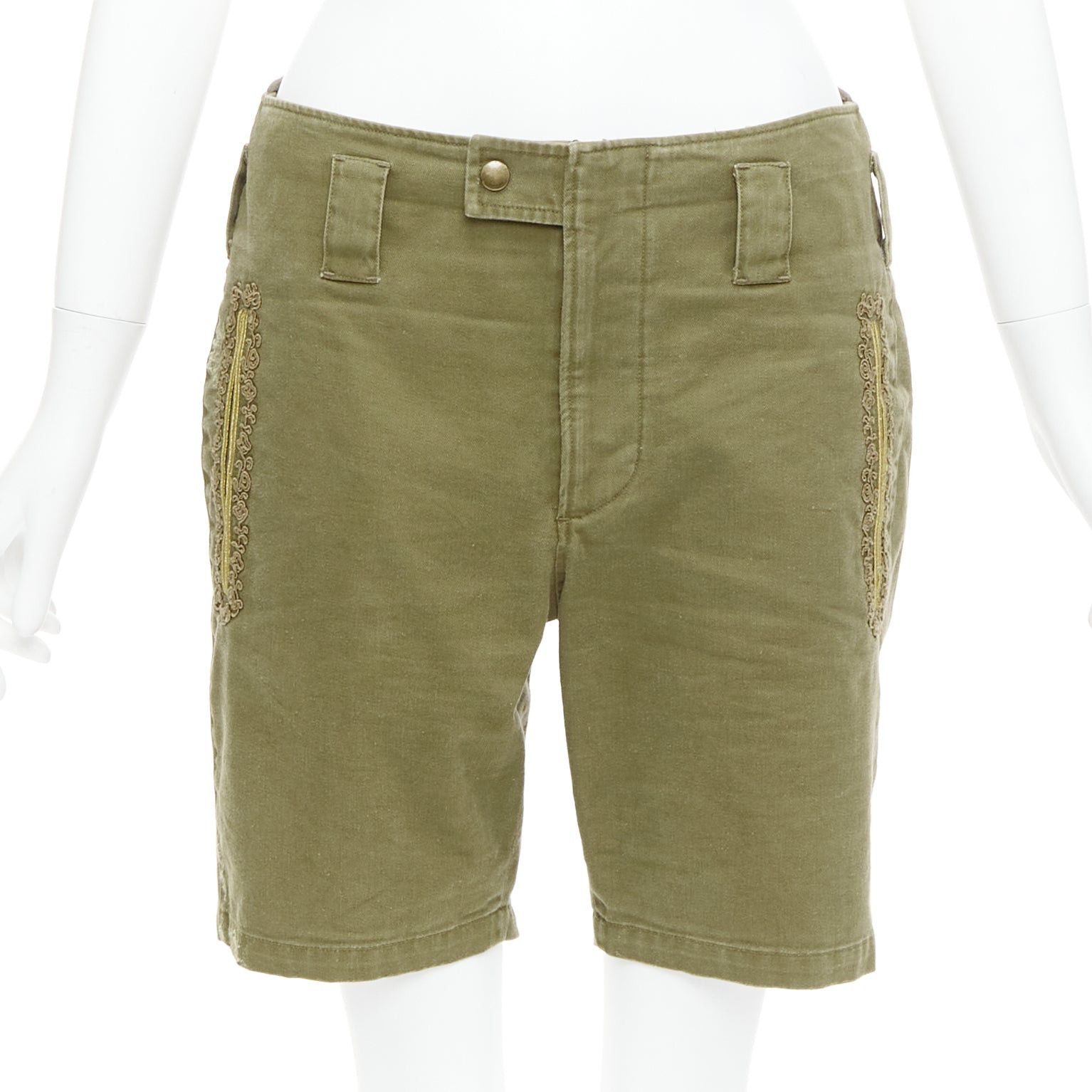 Saint Laurent Paris SAINT LAURENT 2018 green gold cotton ramie embroidered military shorts FR36 S Size 27" / US 4 / IT 40 - 1 Thumbnail