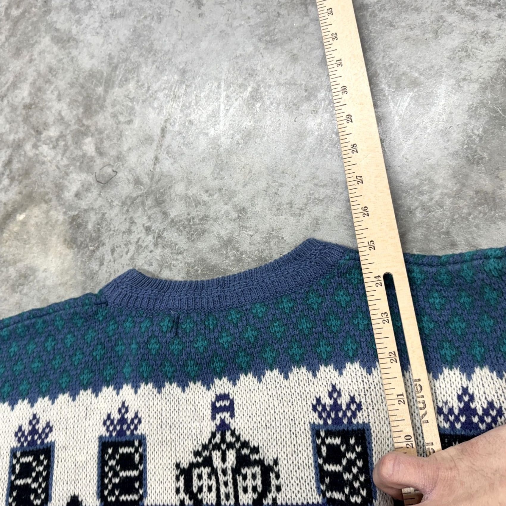 Saturdays NYC Vintage Saturdays Sweater Mens Medium Blue Teal Acrylic Knit Pattern 80s Retro Graphic Print Crew Neck Pullover Size US M / EU 48-50 / 2 - 6 Thumbnail