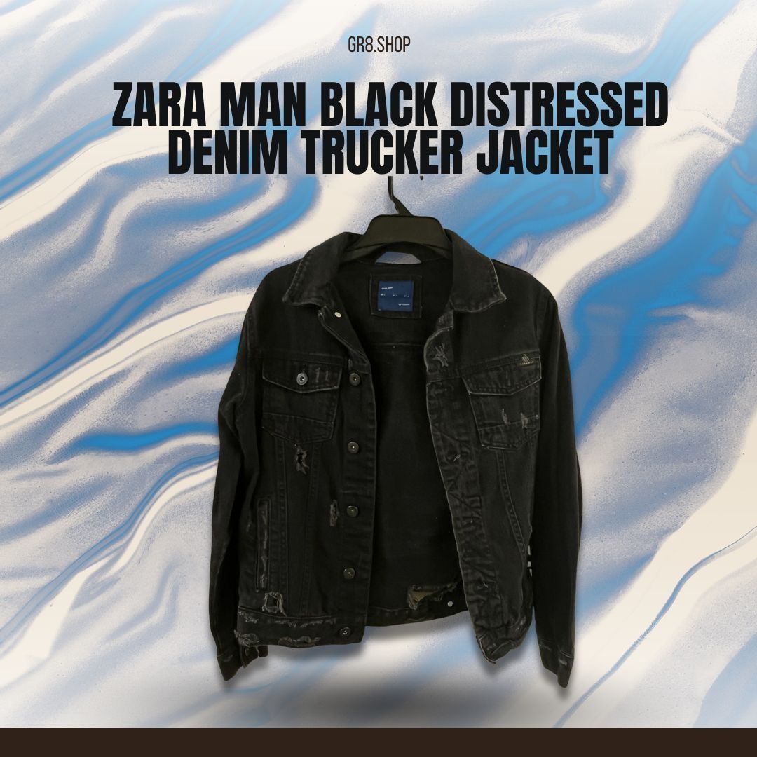 Zara Zara Man Black Distressed Denim Trucker Jacket Size S-M Size US S / EU 44-46 / 1 - 1 Thumbnail