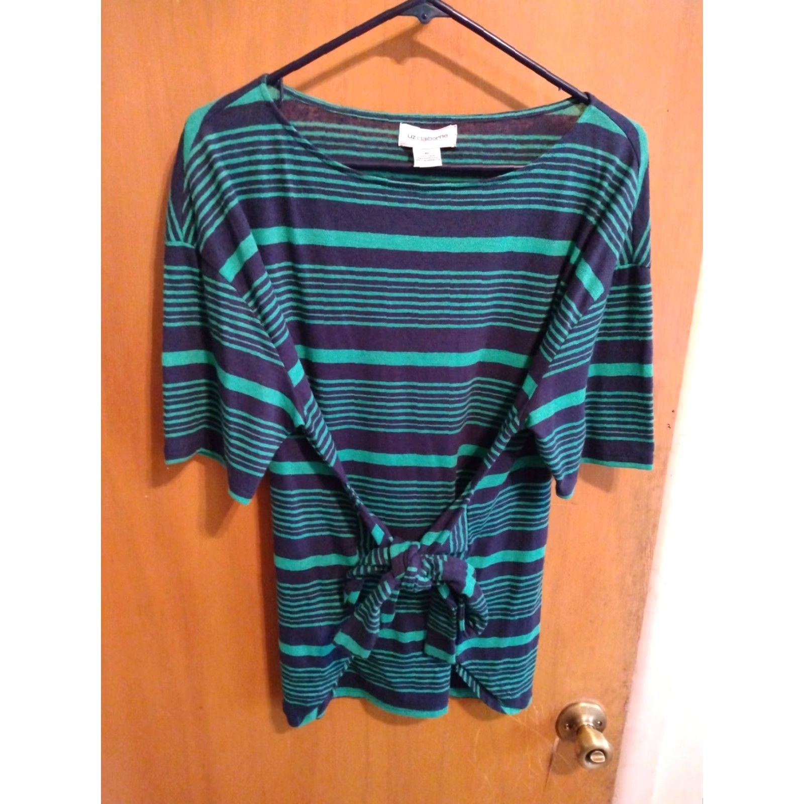 Liz Claiborne Liz Claiborne Blouse Shirt Green Blue Linen/Poly Blend M SS Summer 40" chest Womens Size M / US 6-8 / IT 42-44 - 6 Thumbnail