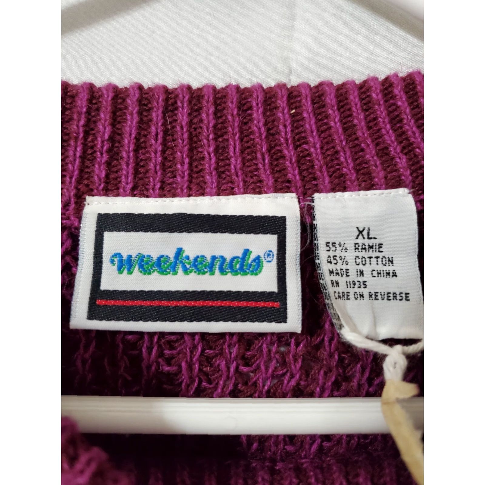 Vintage VINTAGE Weekends Sweater XL Purple Patchwork Crew Neck Women Pullover Heavyweight 80s Knit Cotton Blend Ramie Size XL / US 12-14 / IT 48-50 - 3 Thumbnail