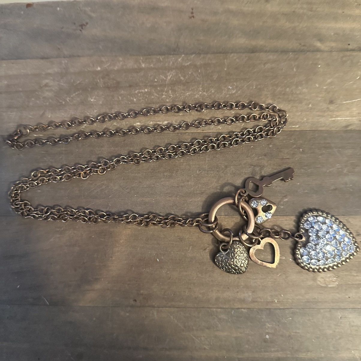 Other Long bronze tone rhinestone heart, key and padlock necklace Size ONE SIZE - 4 Thumbnail