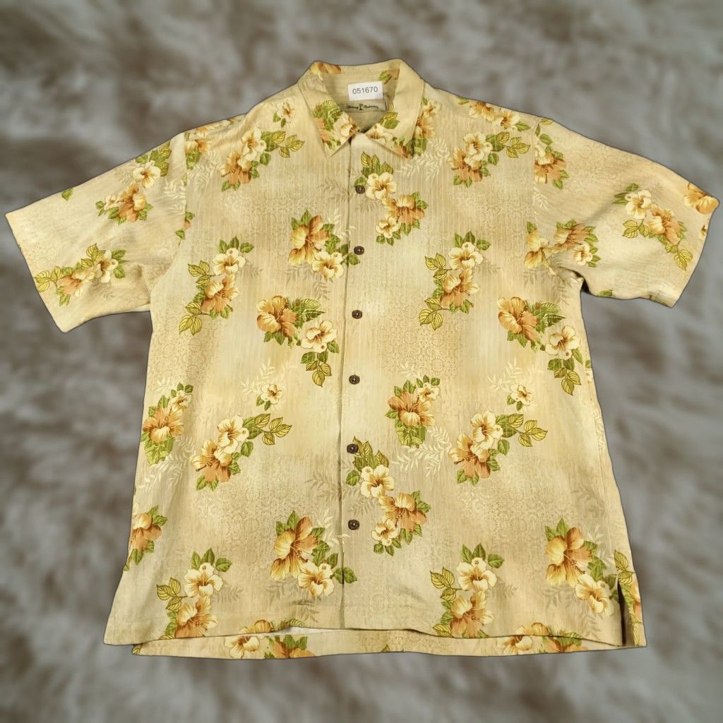Tommy Bahama Tommy Bahama Mens Large Beige Silk Hawaiian Floral Button-Up Short Sleeve Shirt Size US L / EU 52-54 / 3 - 1 Thumbnail