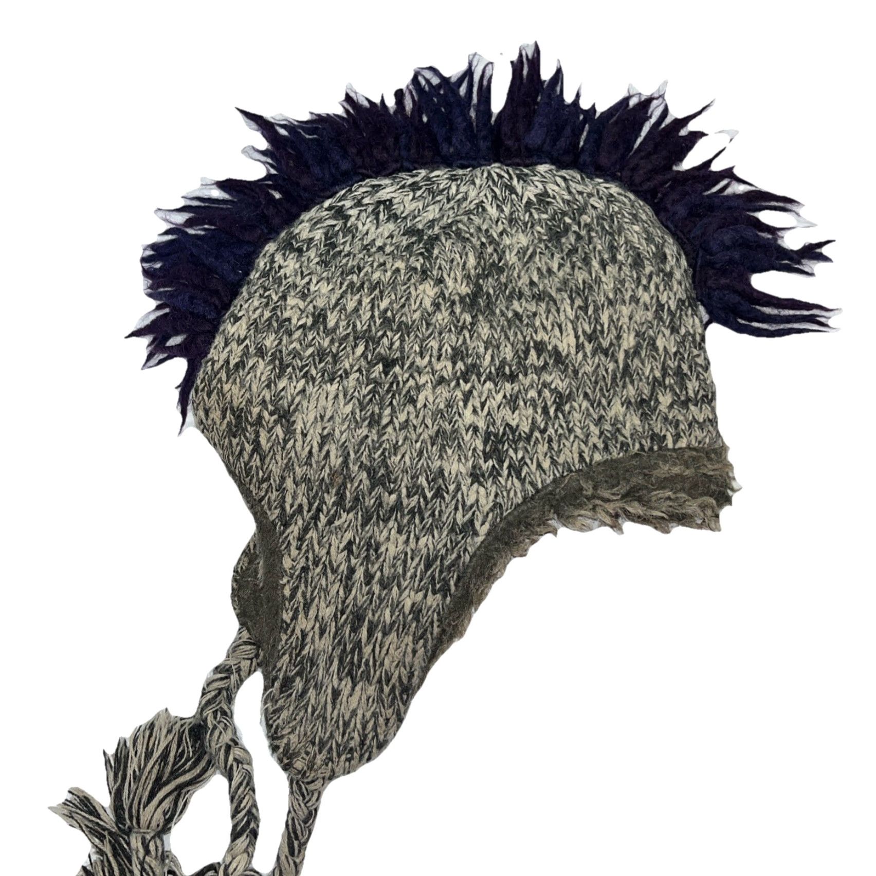 Vintage Dakota Dan HAT Gray Blue Knit Ear Flap Mohawk Braided Hang Ties 3D Tribal Winter Knit Cap Unisex Adults Men Women 90s Wild Ski Snow Geometric Pattern Size ONE SIZE - 2 Thumbnail