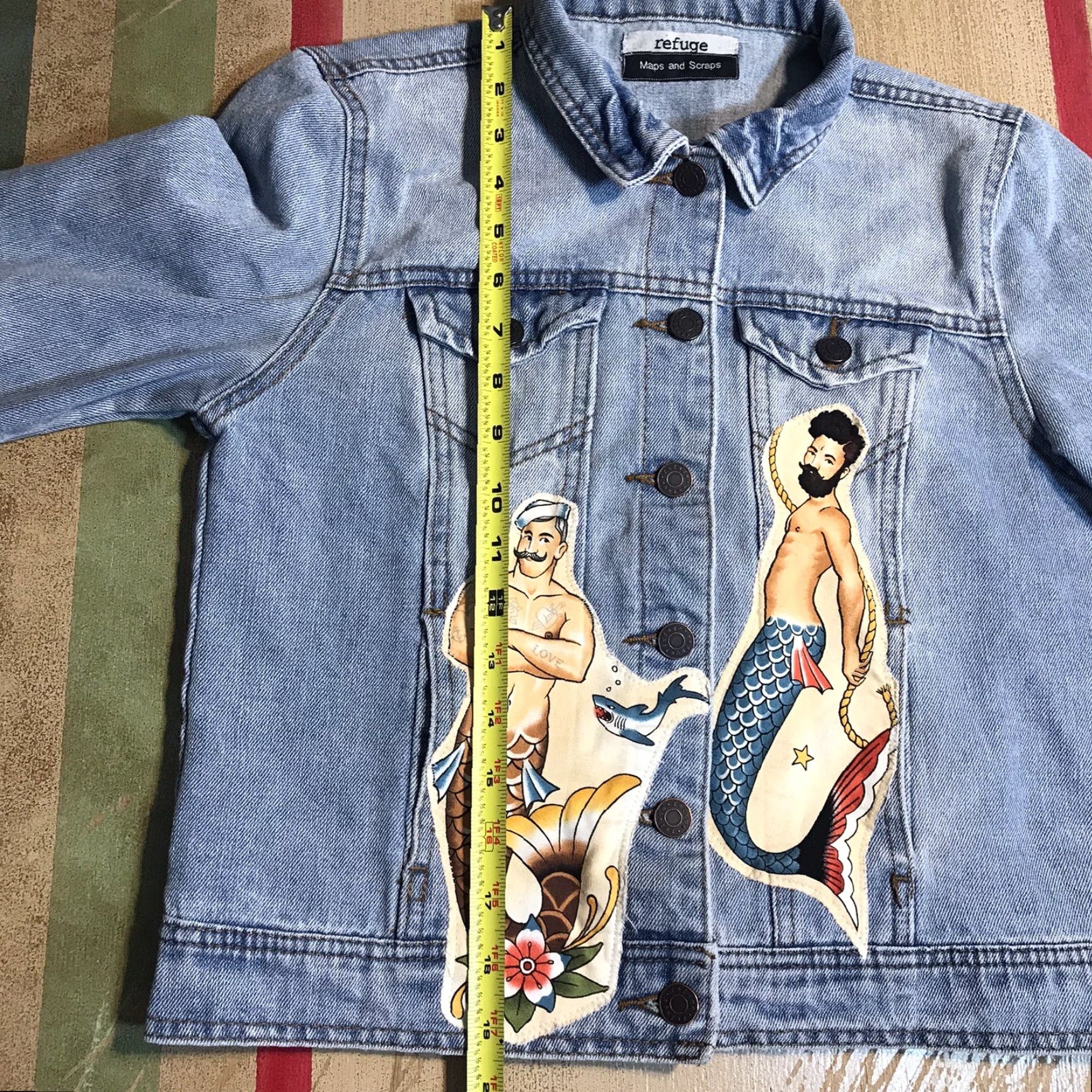 Denime REFUGE Blue Denim Jean Jacket Patches Womens Medium Mermaid Sailor Color Blue Size 32" / US 10 / IT 46 - 6 Thumbnail