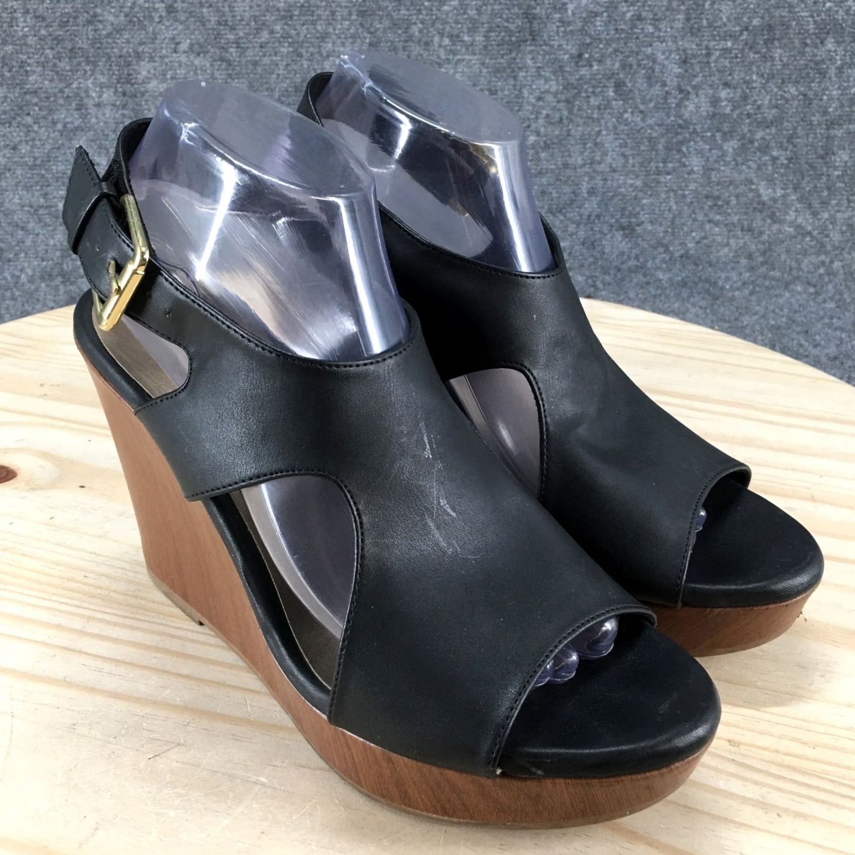 Vintage American Eagle Sandals Womens 9 Slingback Black Faux Leather Casual Wedge Heels Size US 9 / IT 39 - 3 Thumbnail
