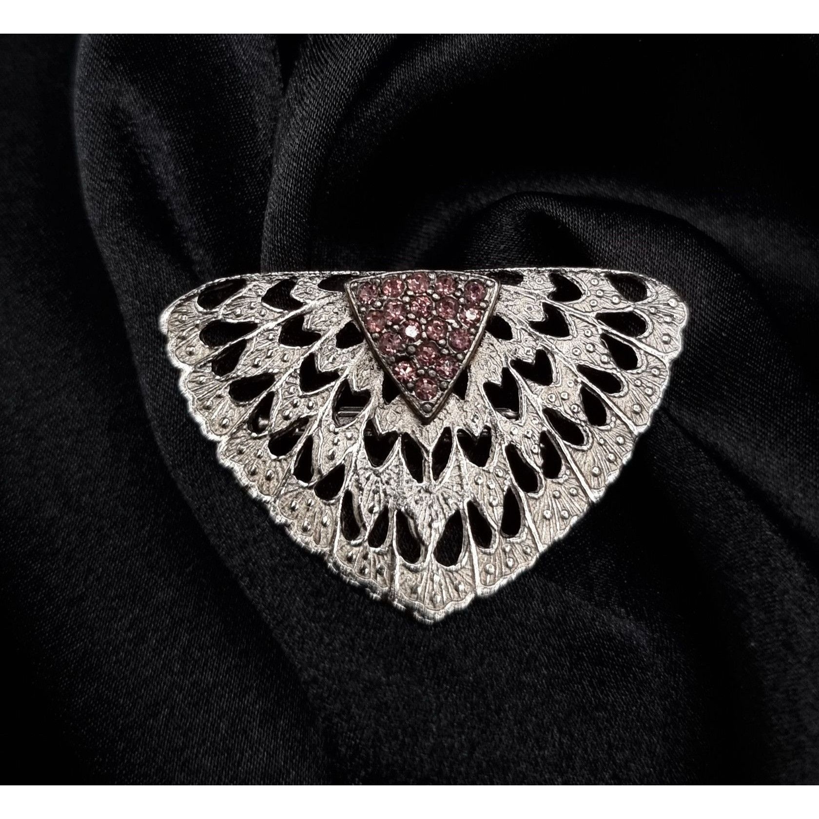 Vintage Vintage 1990's Silver-Tone Fan Brooch With Pink Rhinestones Size ONE SIZE - 1 Thumbnail