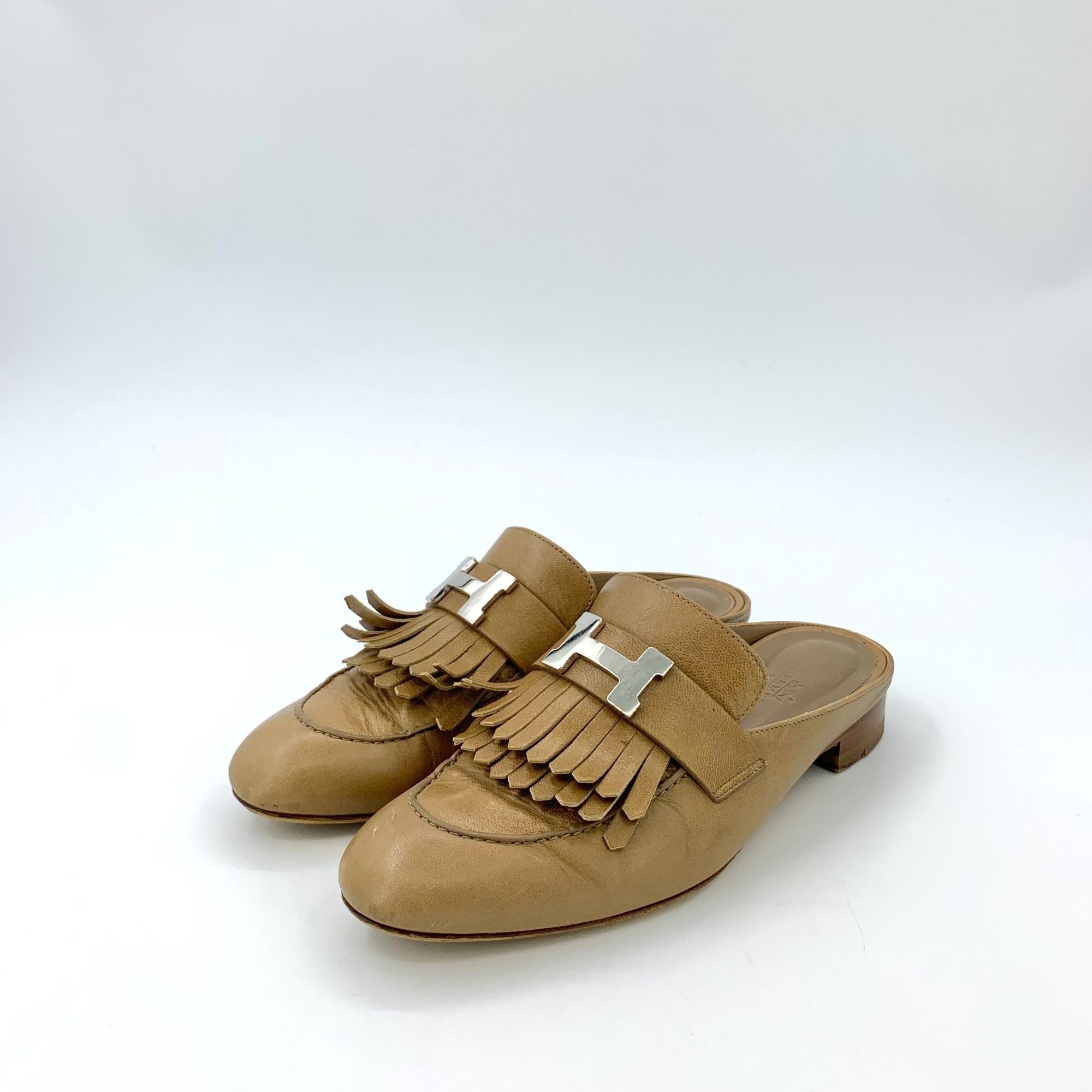 Hermes Hermes Tan Leather Fringe Slip-On Loafers With Silver Hardwa Size US 6.5 / IT 36.5 - 1 Thumbnail