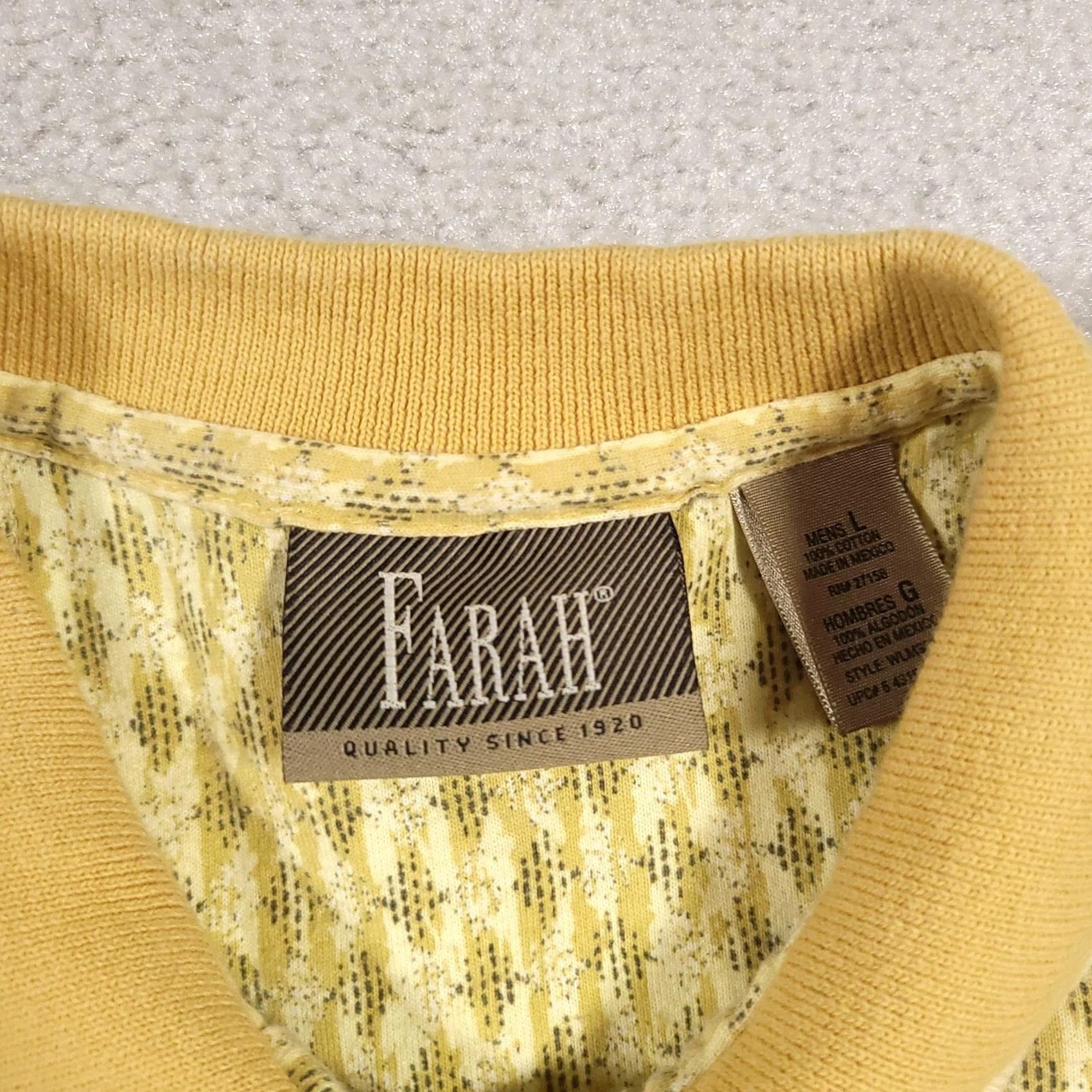 Farah Farah Polo Shirt Mens Large Yellow Geometric Pattern Pocket 100% Cotton Casual Size US L / EU 52-54 / 3 - 5 Thumbnail