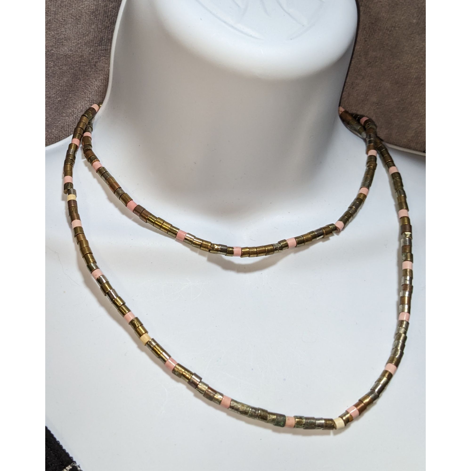 Other Vintage 34-Inch Brass & Pink Beaded Necklace With Cylindrica Size ONE SIZE - 1 Thumbnail