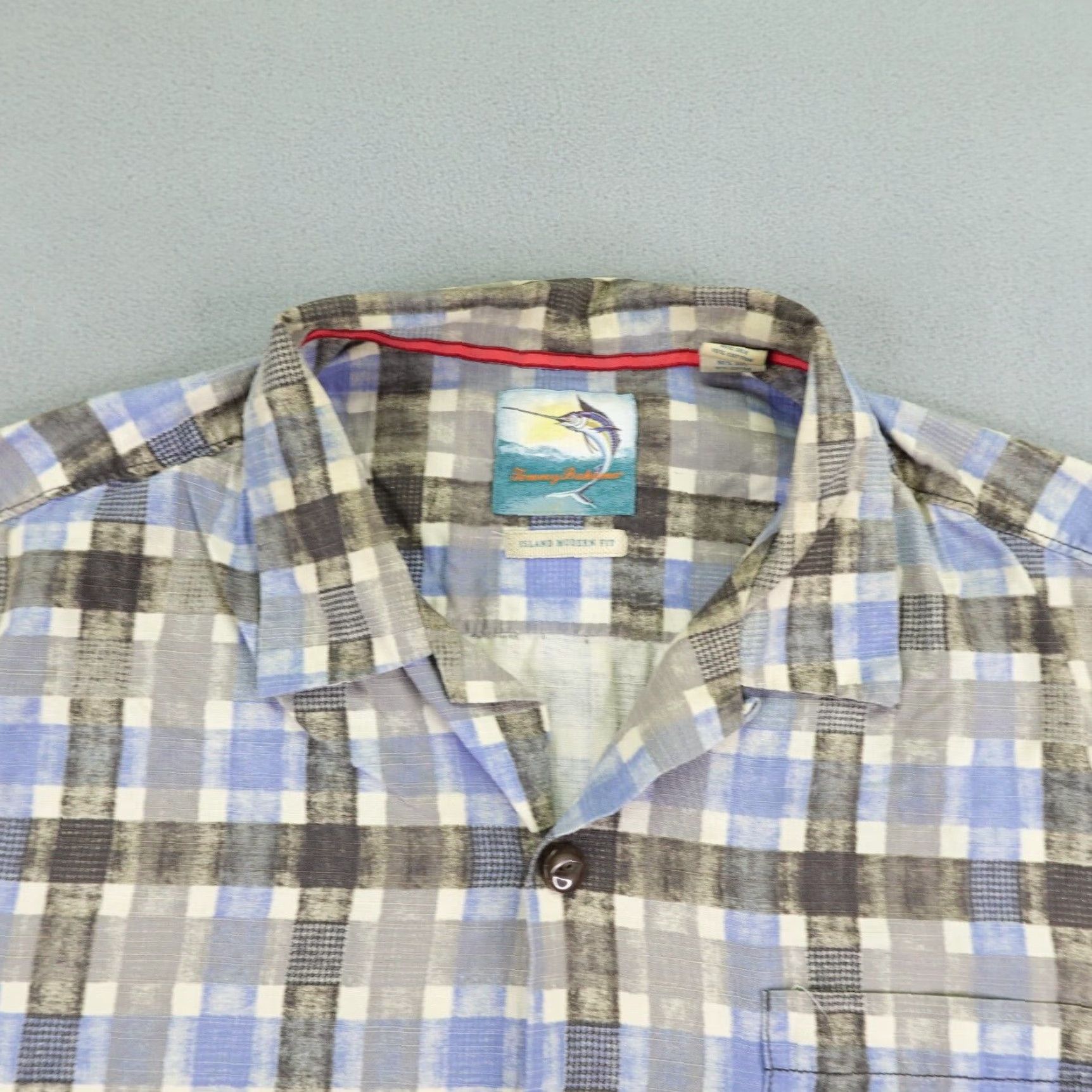 Tommy Bahama TOMMY BAHAMA Shirt Mens Large Blue Gray Plaid Silk Blend Camp Short Sleeve Tropical Beach Casual Button-Up Size US L / EU 52-54 / 3 - 2 Thumbnail