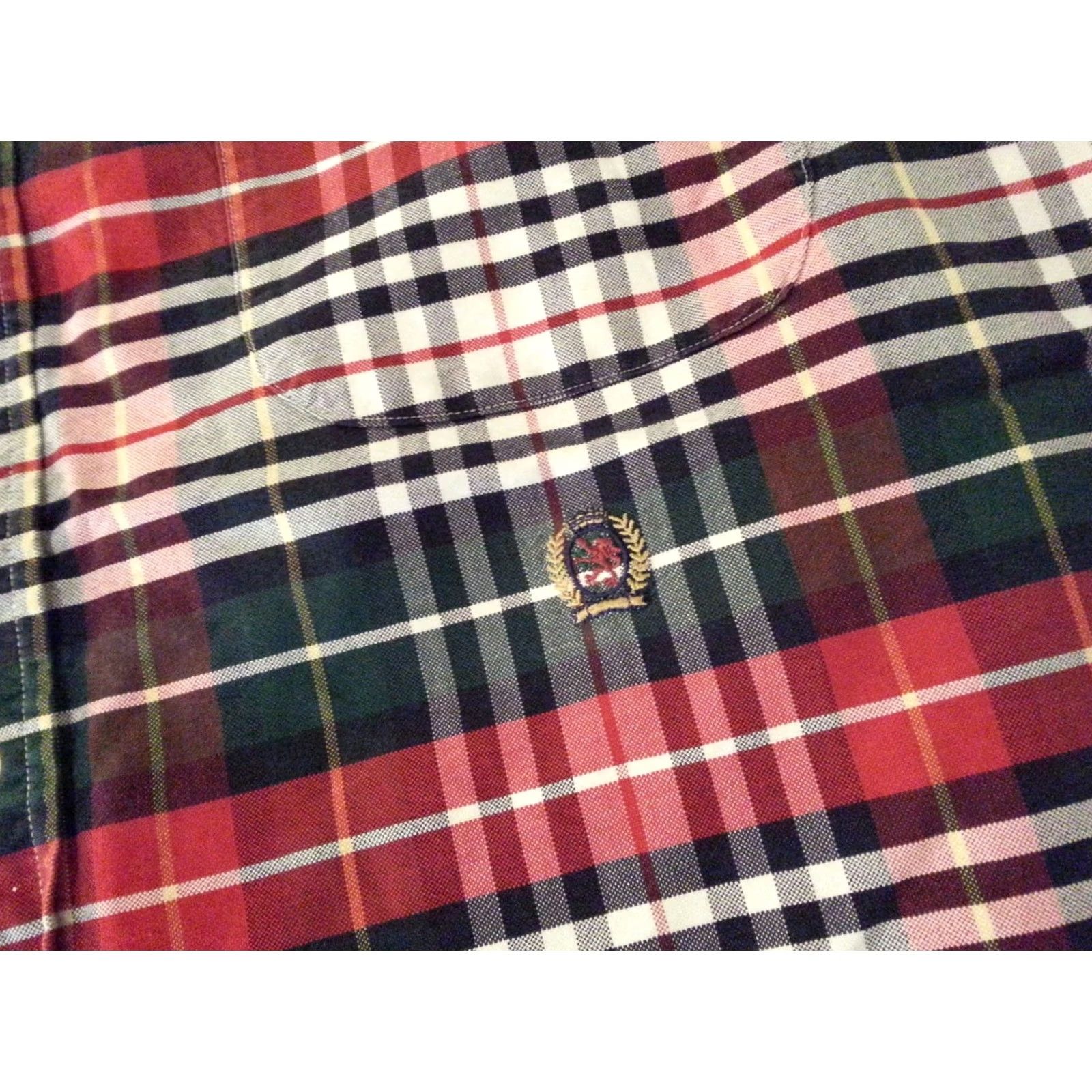Tommy Hilfiger Tommy Hilfiger Shirt Mens XL Green Plaid Dress Red Cotton Long Button Size 46R - 3 Thumbnail