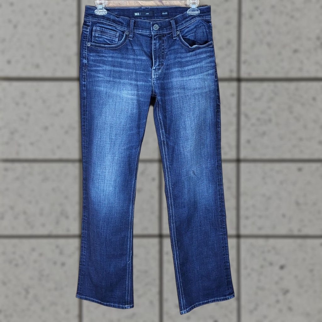 BKE BKE Jake Mens Jeans Straight Blue Distressed 32x32 5-Pocket Denim Cotton Regular Rise 10-12 Inseam 32 Dark Wash Buckle Bke Brand Jeans Mens Size US 32 / EU 48 - 1 Thumbnail
