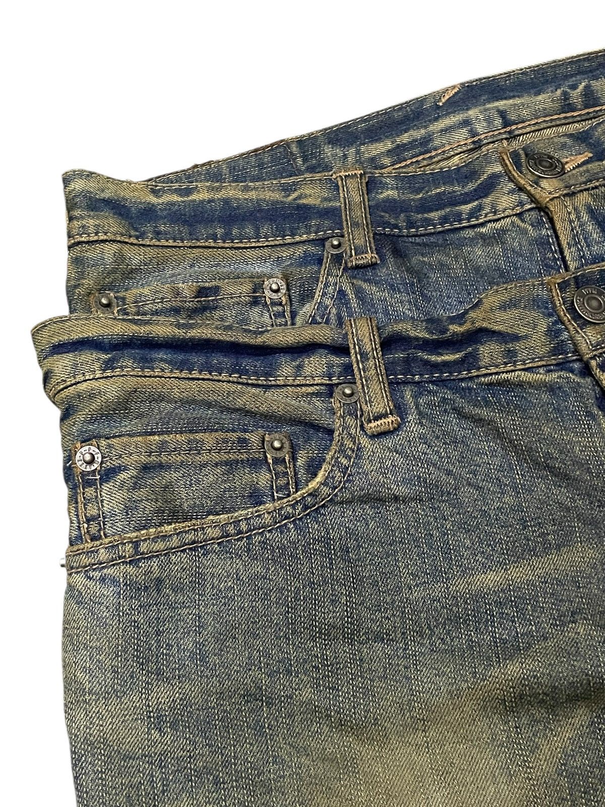 Japanese Brand Archive PPFM Pierced Mud Wash Double Waist Distressed Jeans Size US 31 - 10 Thumbnail