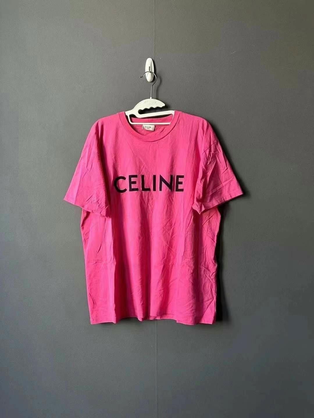 Celine Magenta Letter Logo Short Sleeve Shirt