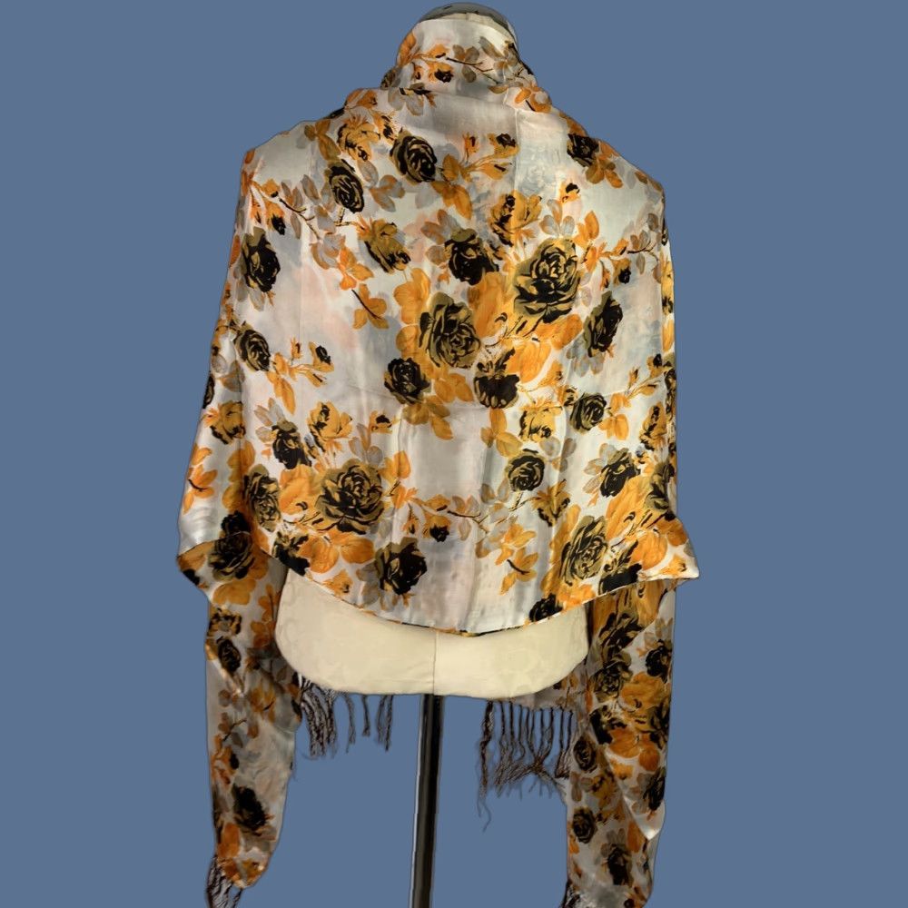 Vintage VINTAGE New Silk Scarf Orange Rose Floral Scarf Brown Fringe 21 x 62" Silk Floral Roses Orange Womens Scarf Size ONE SIZE - 1 Thumbnail