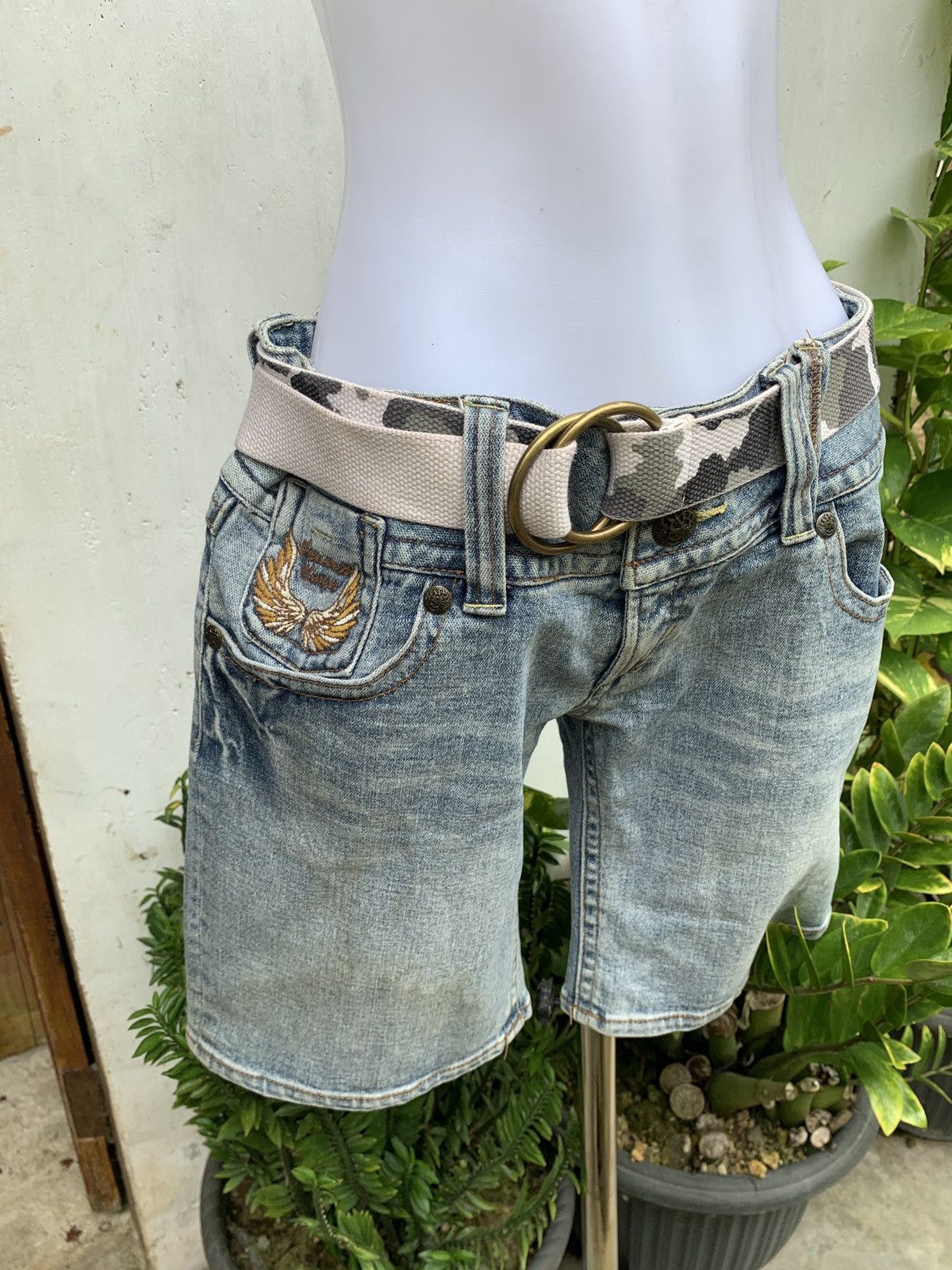 Japanese Brand × Vintage y2k Heaven Wings Skull Motorcycles Big Embroidery Jorts Size 31" - 2 Thumbnail