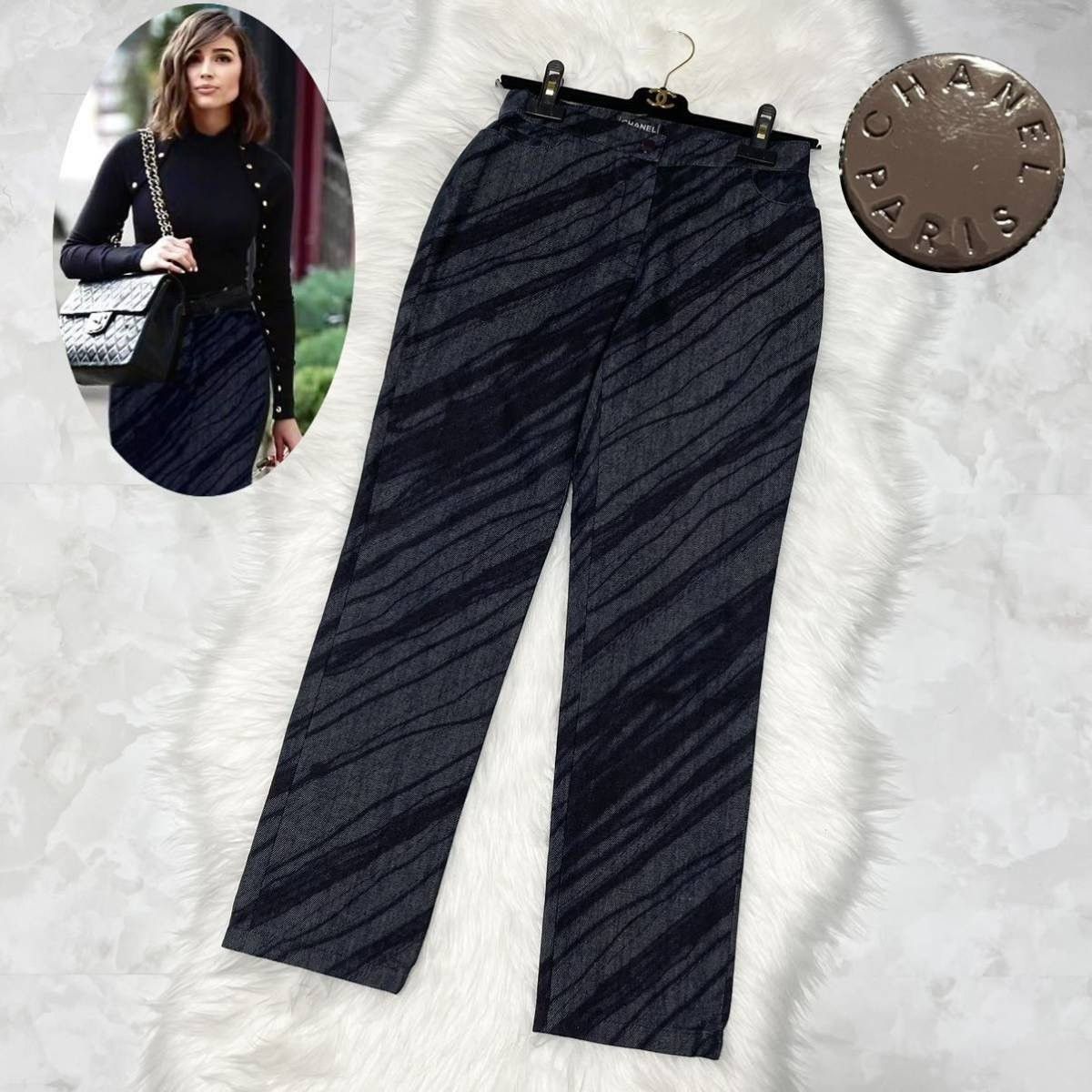 CHANEL Art Design Thin Denim Pants Jeans 34 Navy chanel