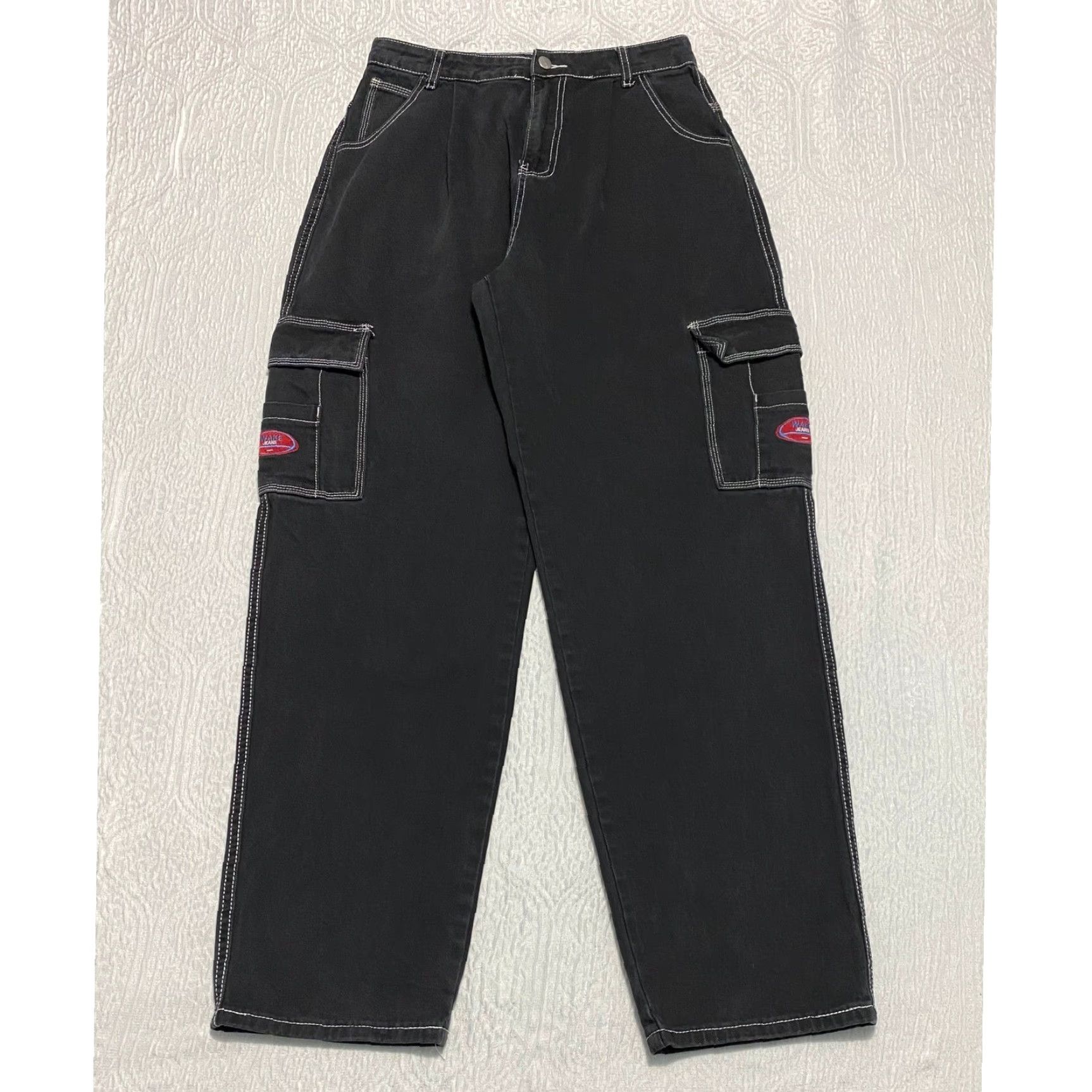 Shein SHEIN Cargo Pants Womens L Black Twill Cotton Blend Contrast Stitching Pockets Streetwear Y2K Casual Baggy Straight Front Logo Strap Size 36" / US 14 / IT 50 - 2 Thumbnail