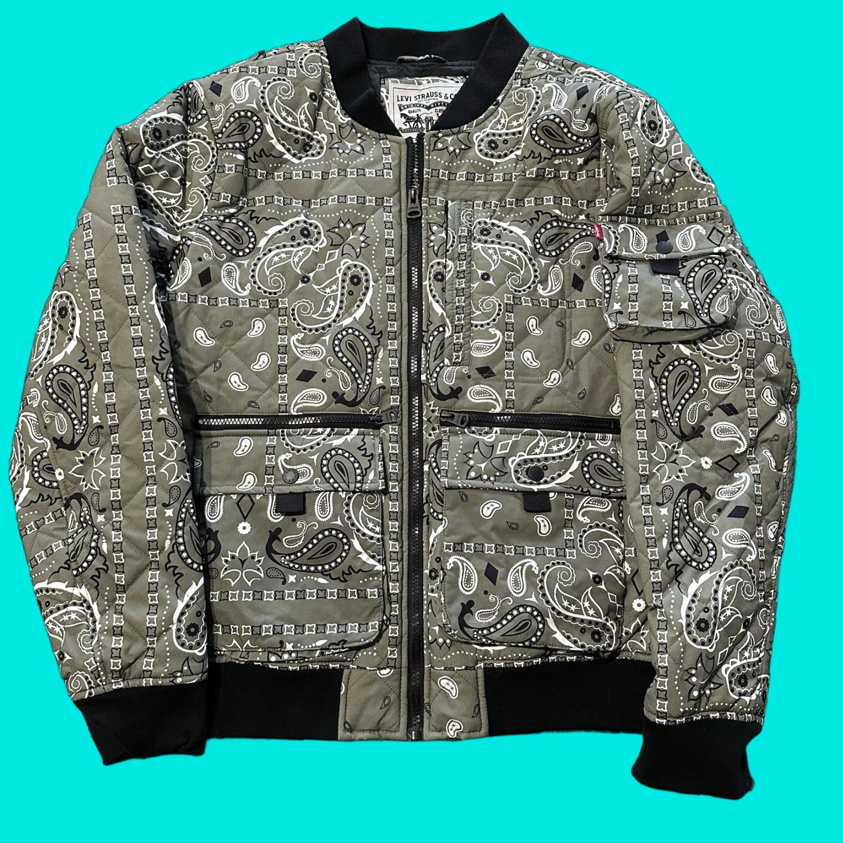 Levi's Levi's Bomber Jacket Mens M Quilted Olive Green Paisley Size US M / EU 48-50 / 2 - 1 Thumbnail