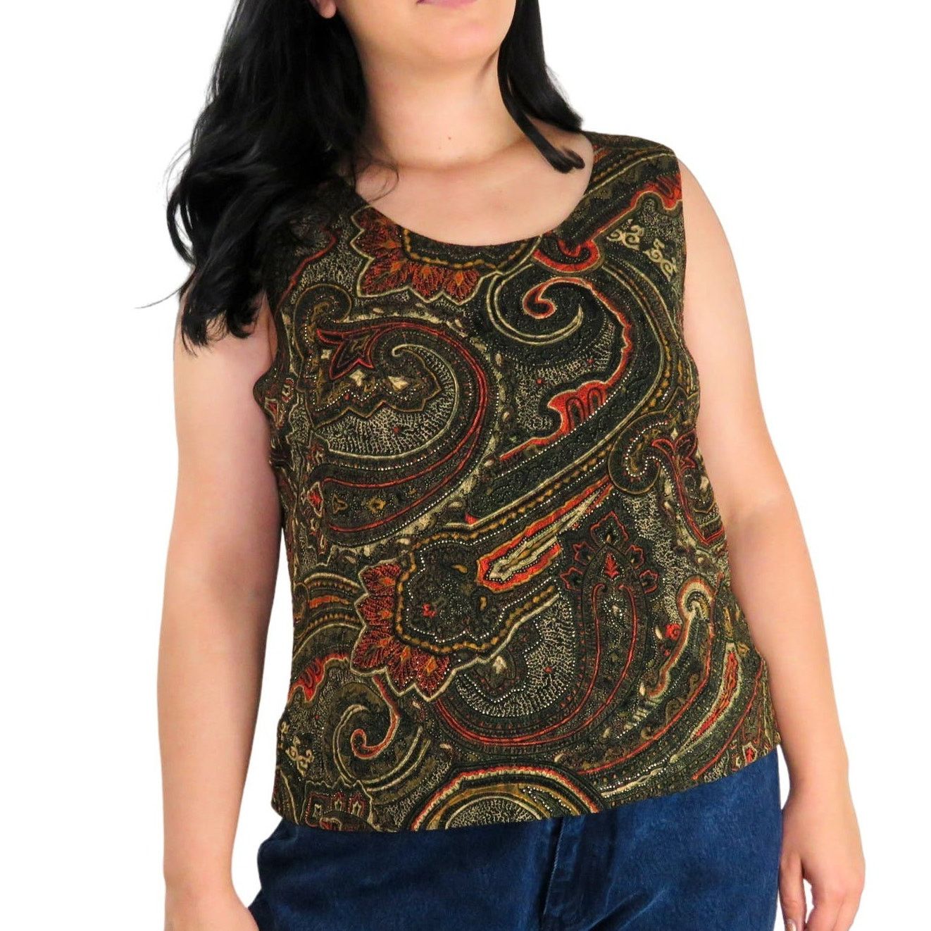 Vintage 0s Vintage Brown Paisley Retro Sleeveless Top Blouse Large Size L / US 10 / IT 46 - 2 Thumbnail
