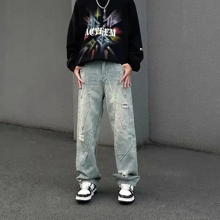 Japanese Brand Retro patchwork straight leg distressed jeans Size US 32 / EU 48 - 4 Thumbnail