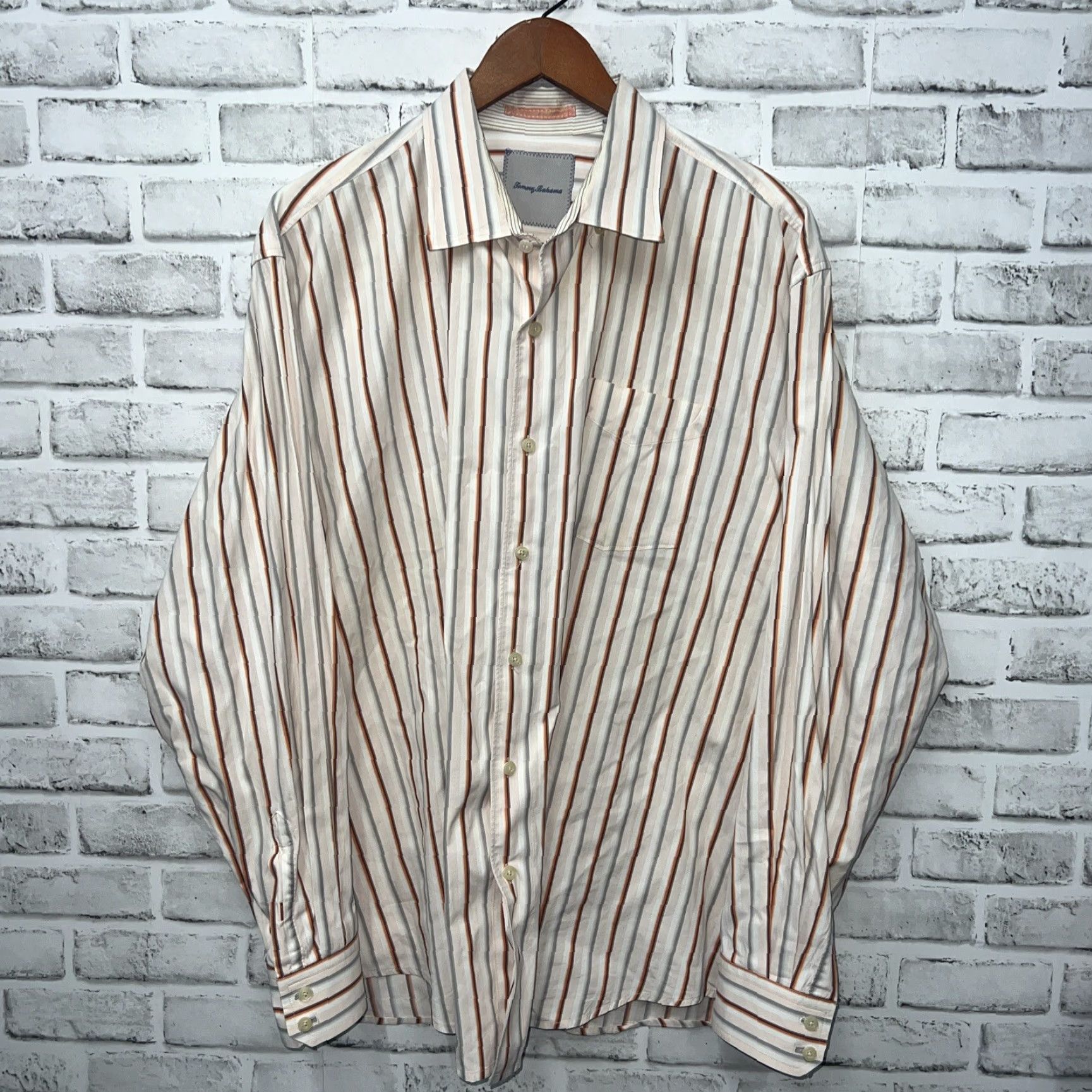 Tommy Bahama VINTAGE Tommy Bahama Beige Striped Button-Up Shirt Mens 2XL Beige Striped Pattern Long Sleeve Casual Bahamas Mens Size US XXL / EU 58 / 5 - 2 Thumbnail