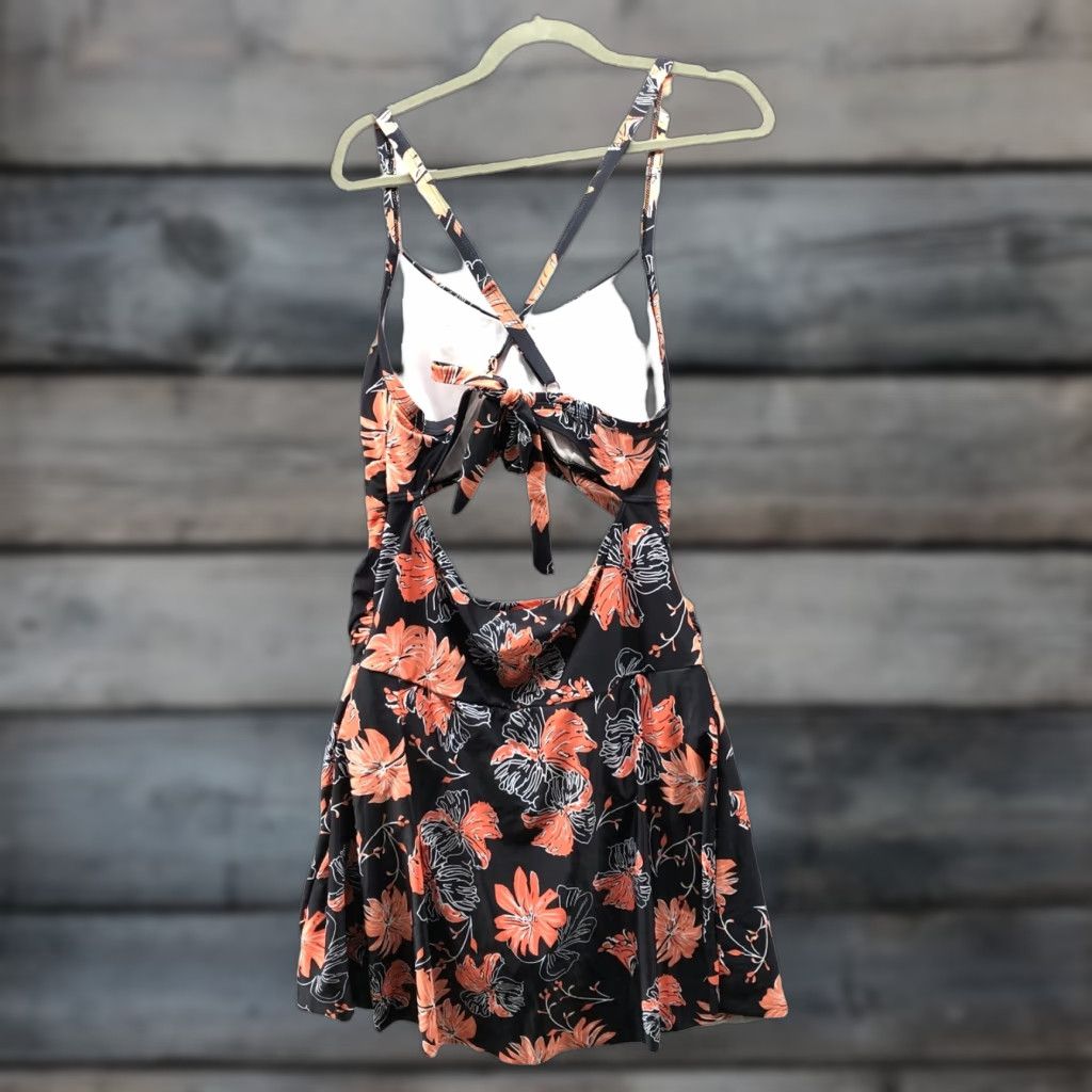 ZAFUL VINTAGE Zaful Floral Cut-Out Swim Dress Women 2X (16-18) Black Orange Floral Tie Back Size XXL / US 16-18 / IT 52-54 - 1 Thumbnail