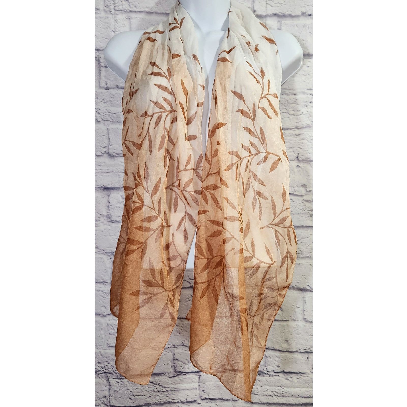 Other Beige Tan Leaf Print Sheer Scarf Lightweight Flowy Soft Size ONE SIZE - 1 Preview