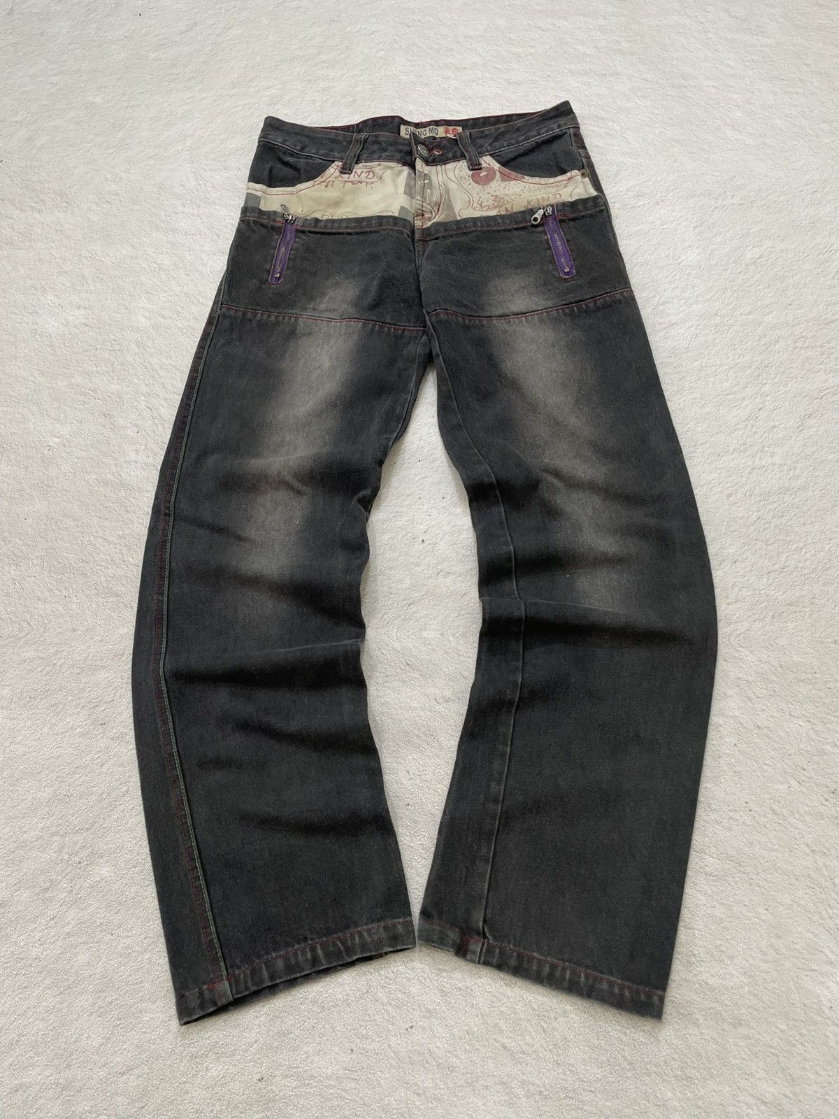 Japanese Brand 2000s Sheng Graphic Denim Wash Black Jeans Japan Y2K Size US 31 - 1 Thumbnail