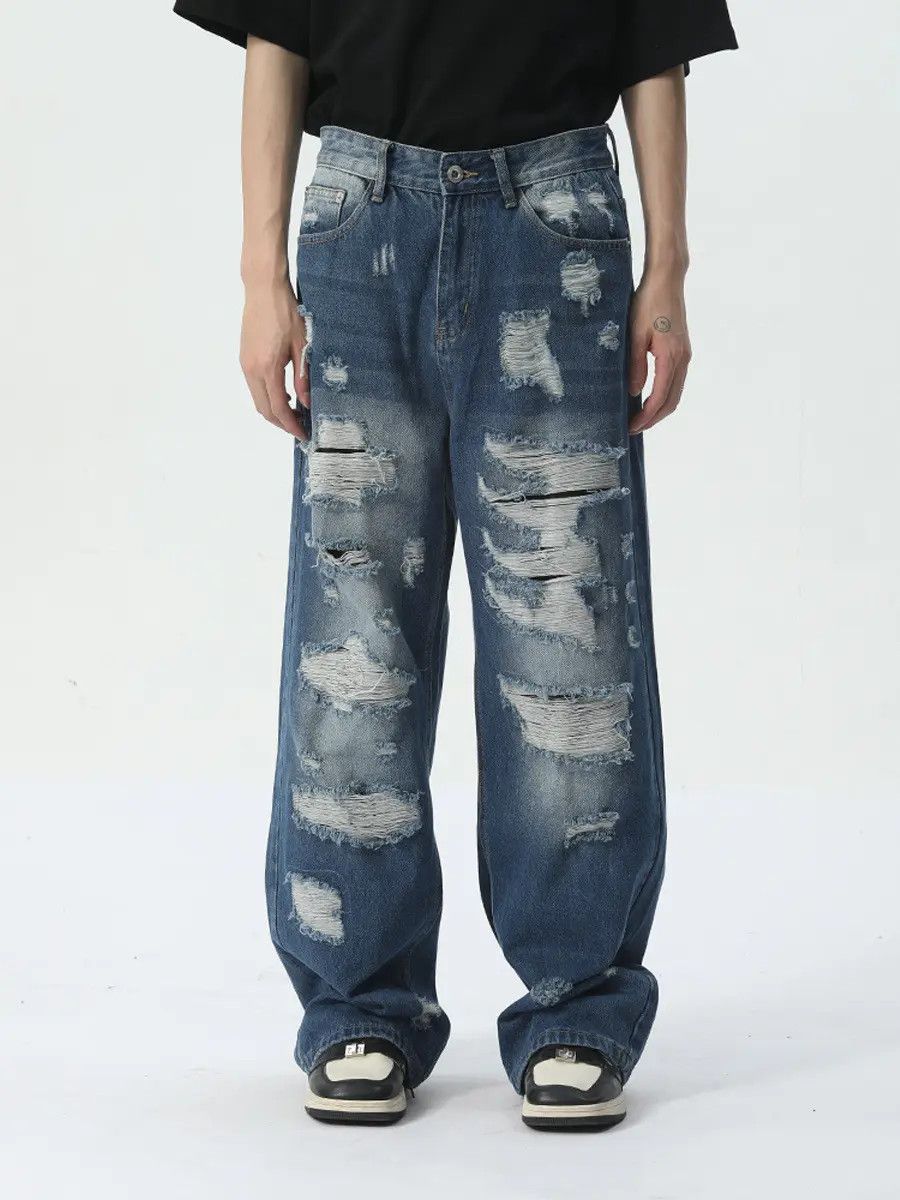 Japanese Brand Retro loose hip-hop straight leg ripped jeans Size US 32 / EU 48 - 6 Thumbnail