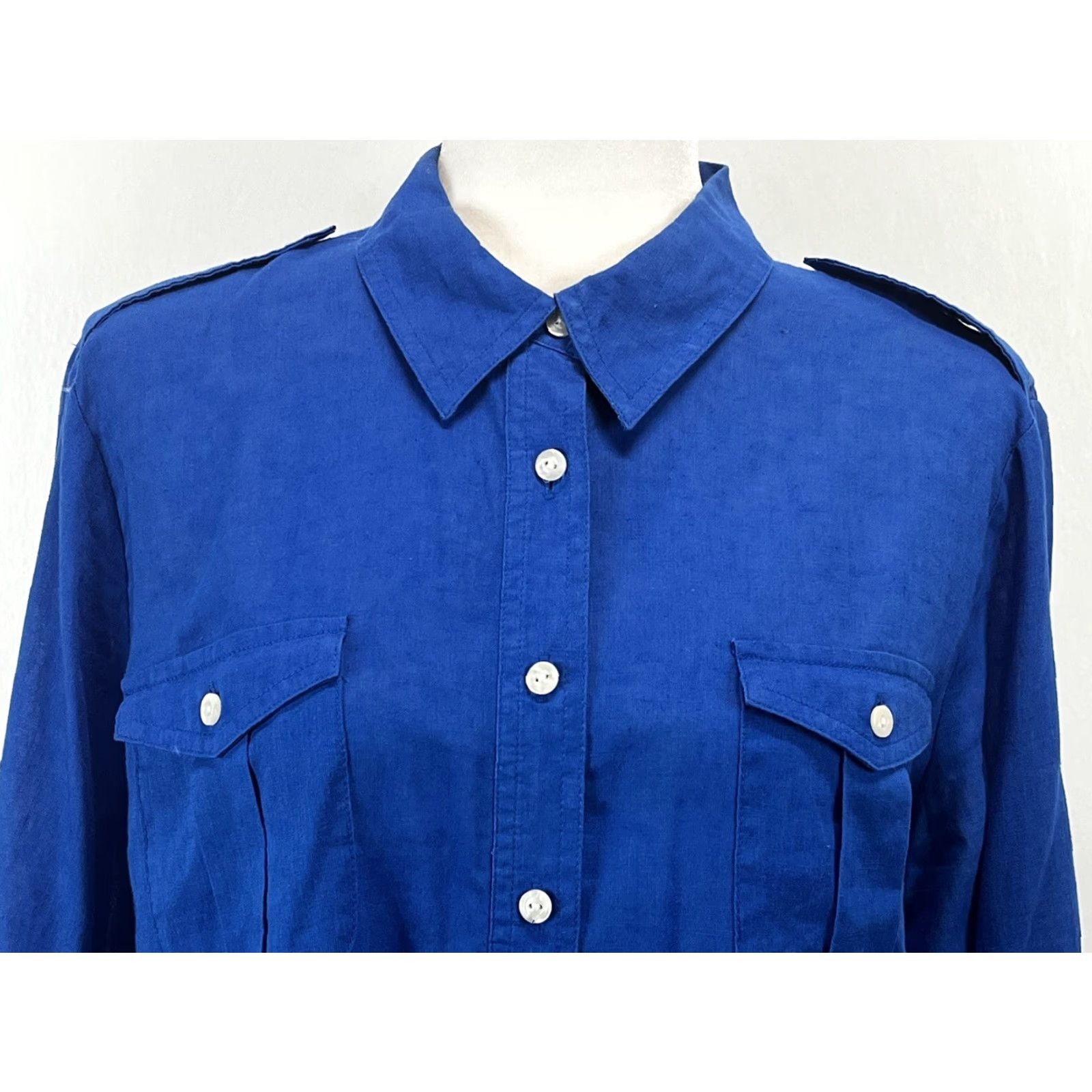 Vintage Chicos Button-Up Shirt Women 2 Blue Linen Blend Long Sleeve Collared Beach Coastal Epaulettes Lightweight Casual Travel Vintage? No Size XS / US 0-2 / IT 36-38 - 5 Thumbnail