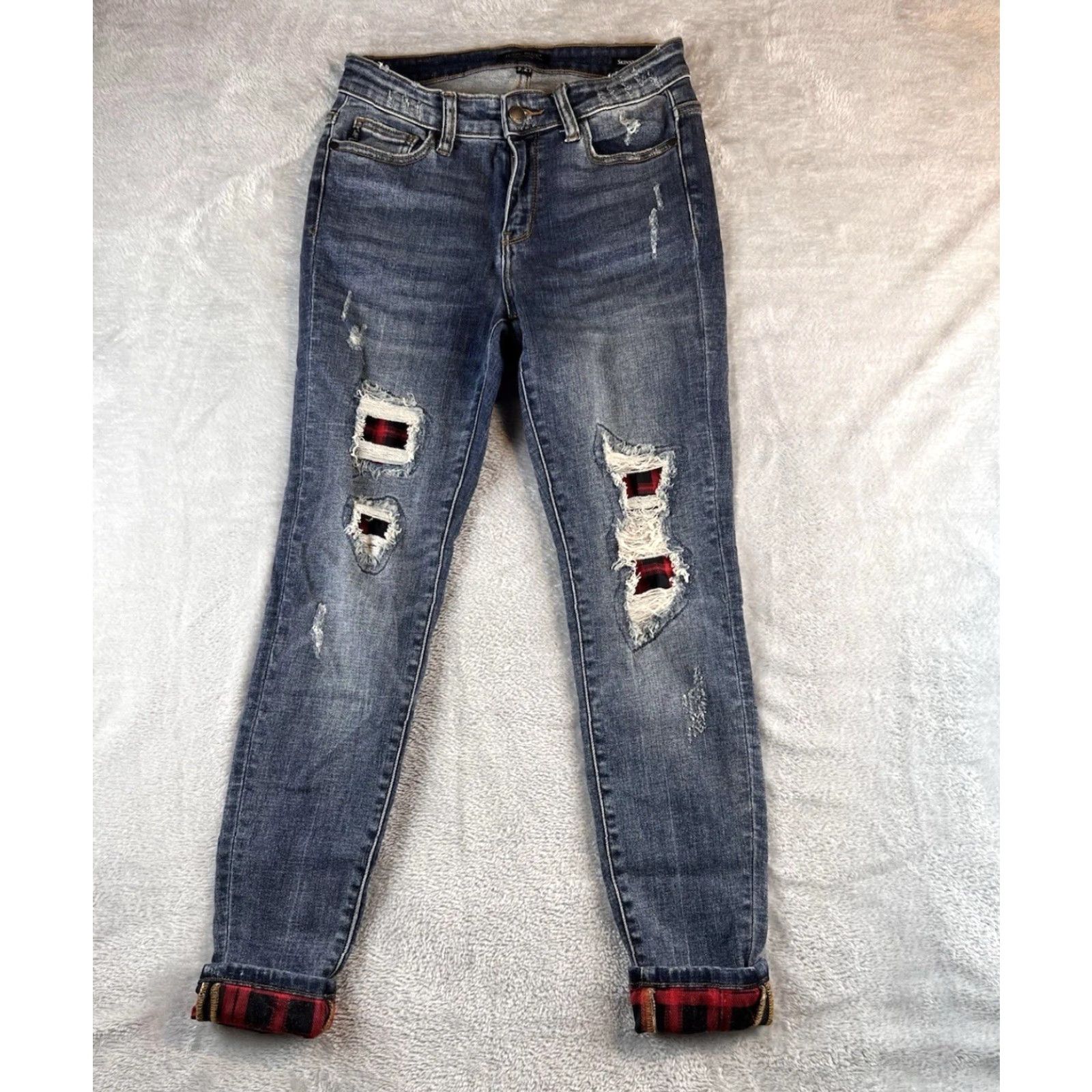Vintage Judy Blue Jeans Womens 5/27 Blue Skinny Fit Distressed Red Buffalo Plaid Lined Jeans Women Size 27" / US 4 / IT 40 - 2 Thumbnail