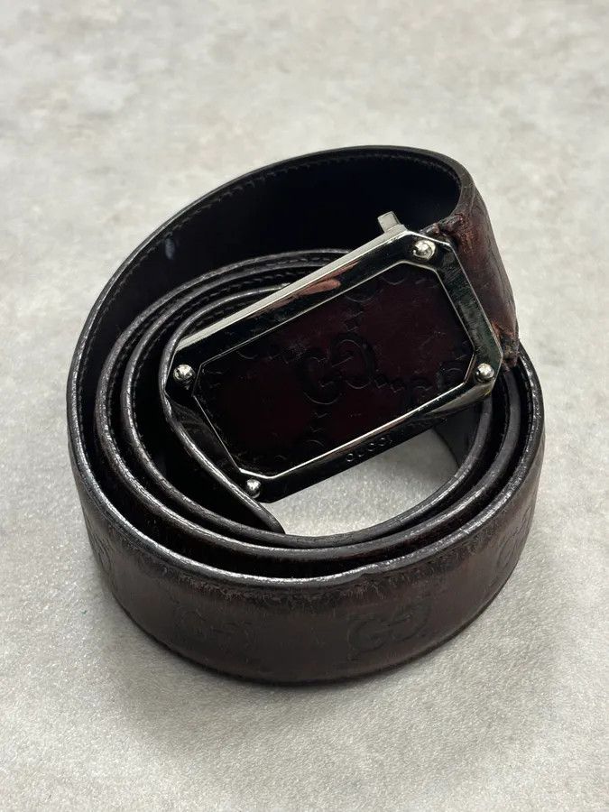 Gucci 2000s Gucci Brown Monogram Leather Belt GG Buckle Size ONE SIZE - 11 Thumbnail